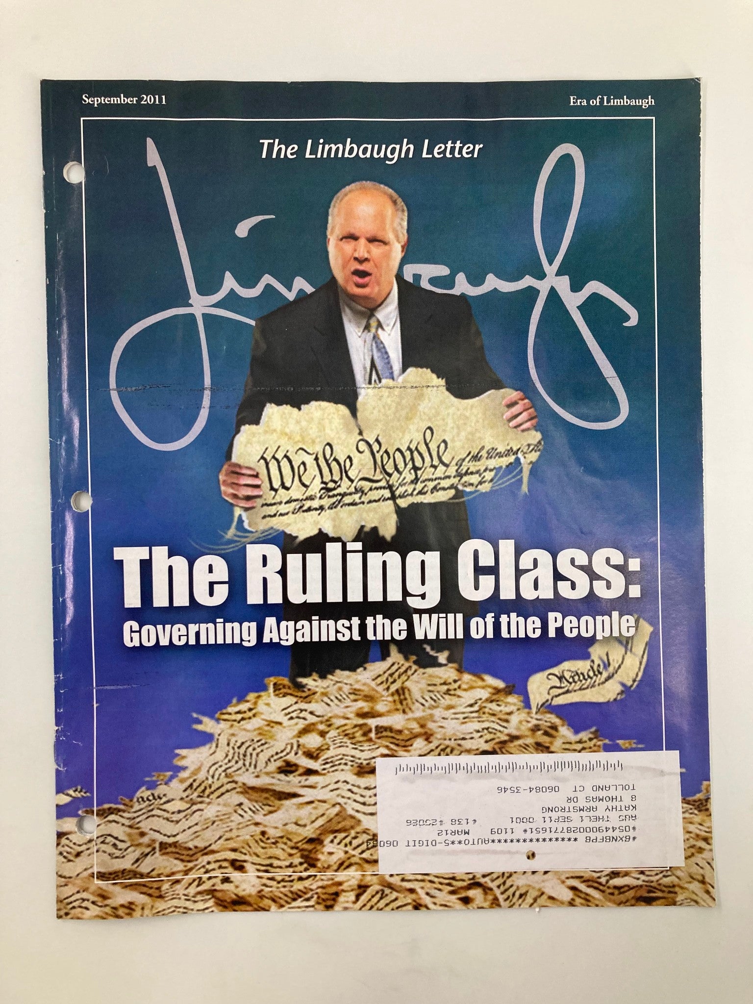 Rush Limbaugh Letter Newsletter Magazine September 2011 Governing Against Will