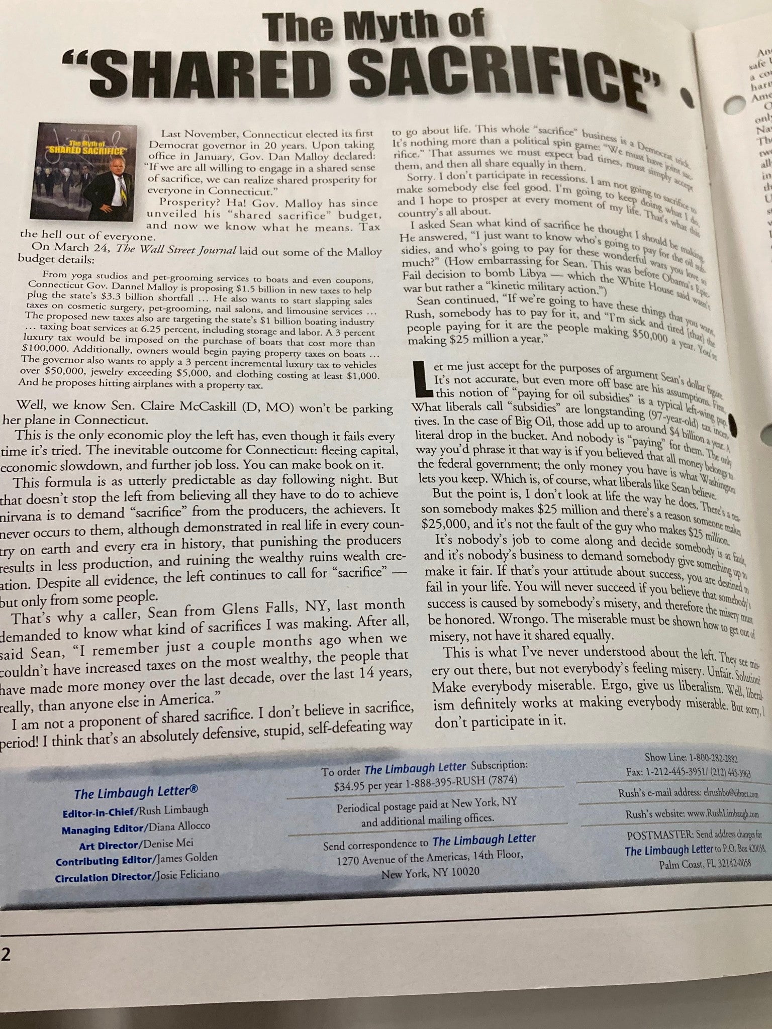 Rush Limbaugh Letter Newsletter Magazine April 2011 The Myth Shared Sacrifice