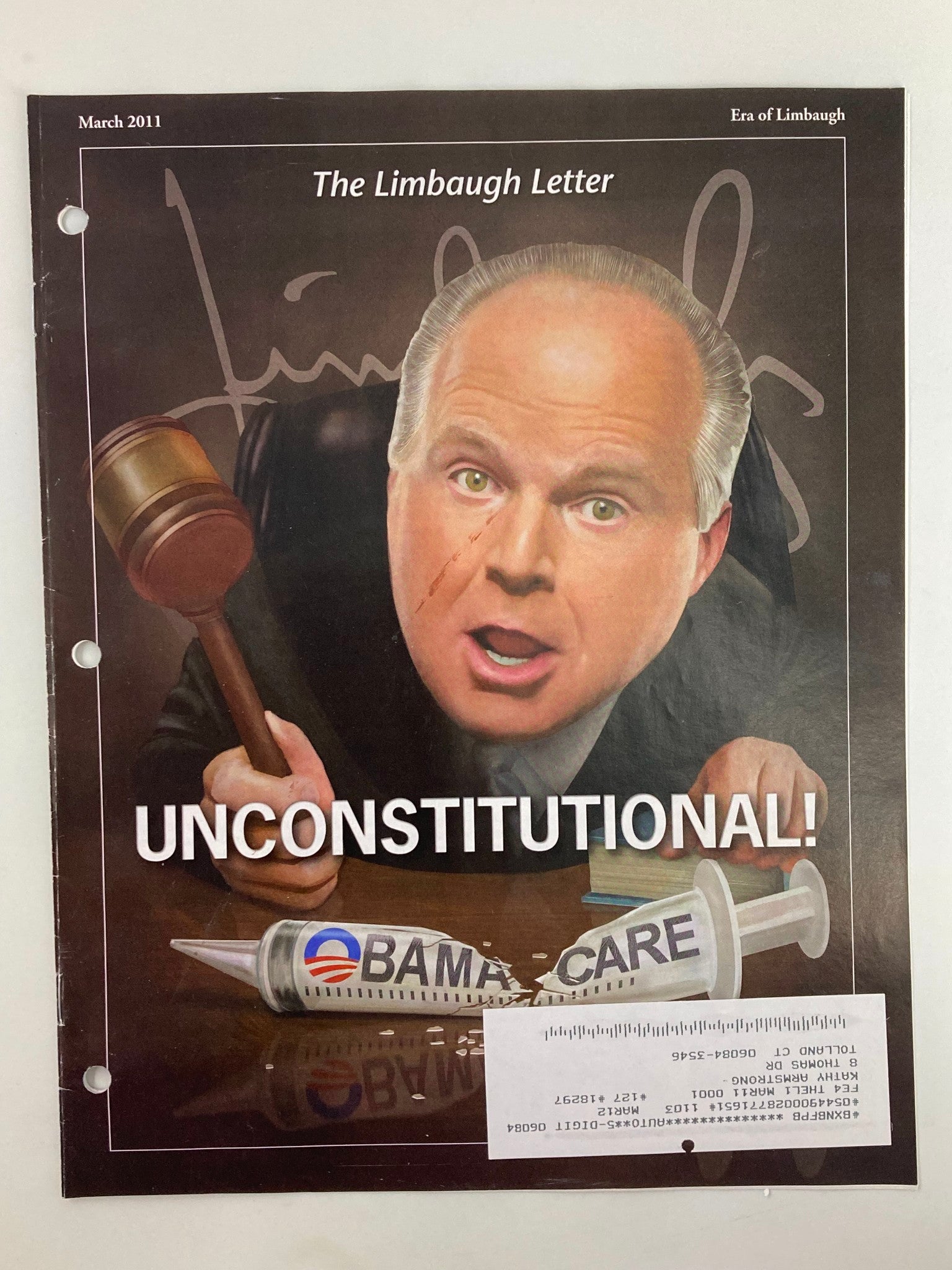 Rush Limbaugh Letter Newsletter Magazine March 2011 Unconstitutional