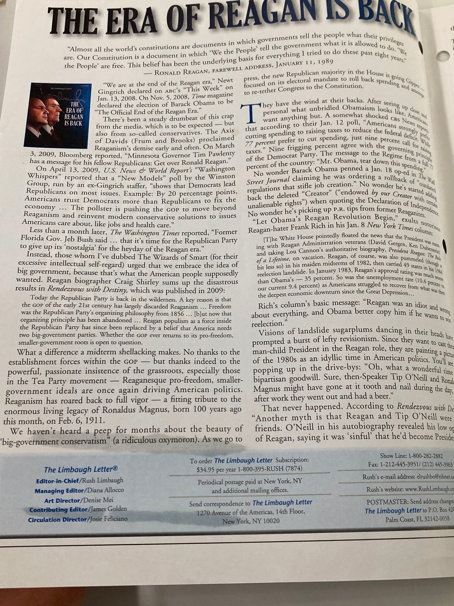 Rush Limbaugh Letter Newsletter Magazine February 2011 The Ronald Reagan Era