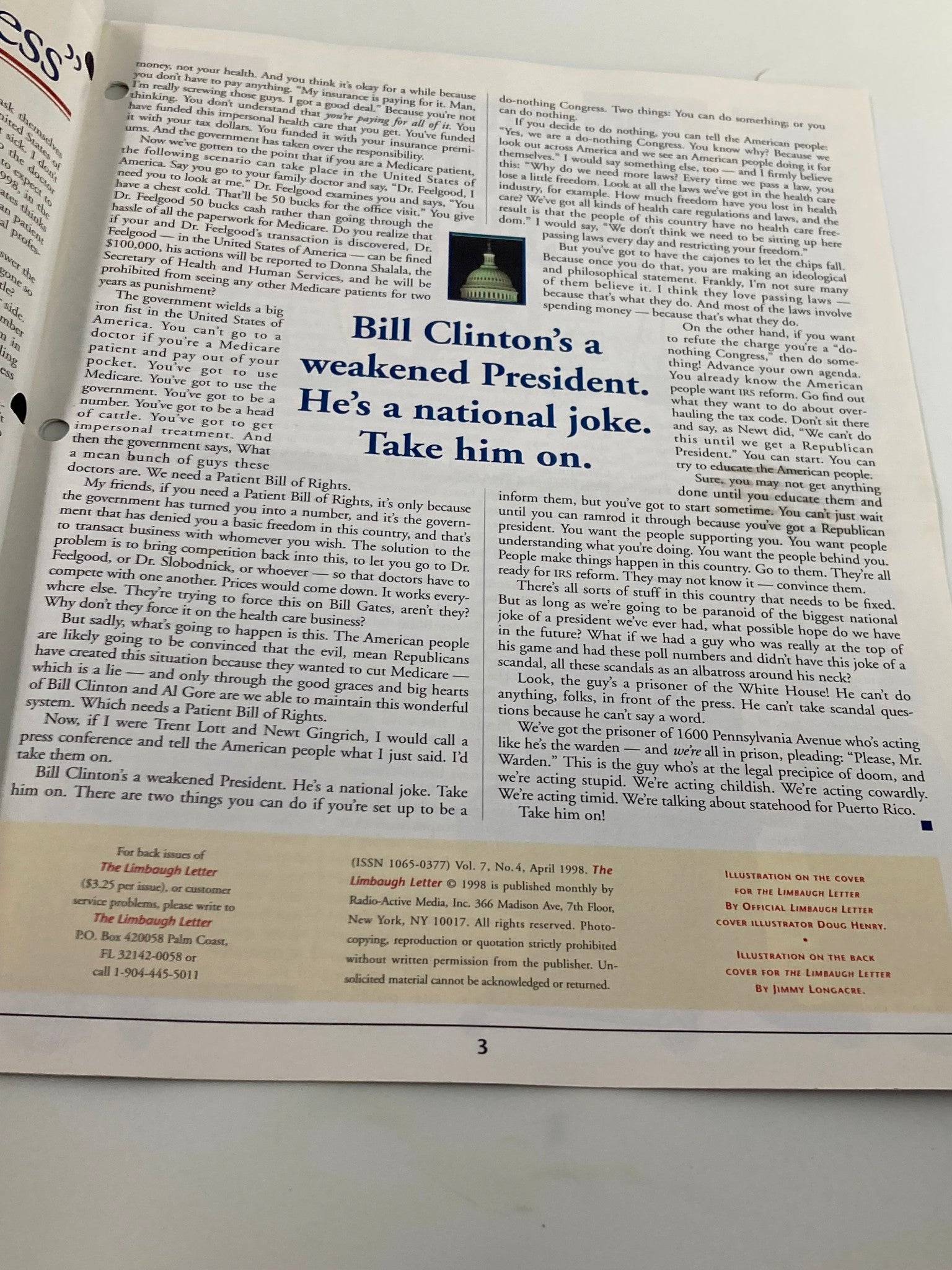 Rush Limbaugh Letter Newsletter Magazine April 1998 The Bill Clinton Legacy