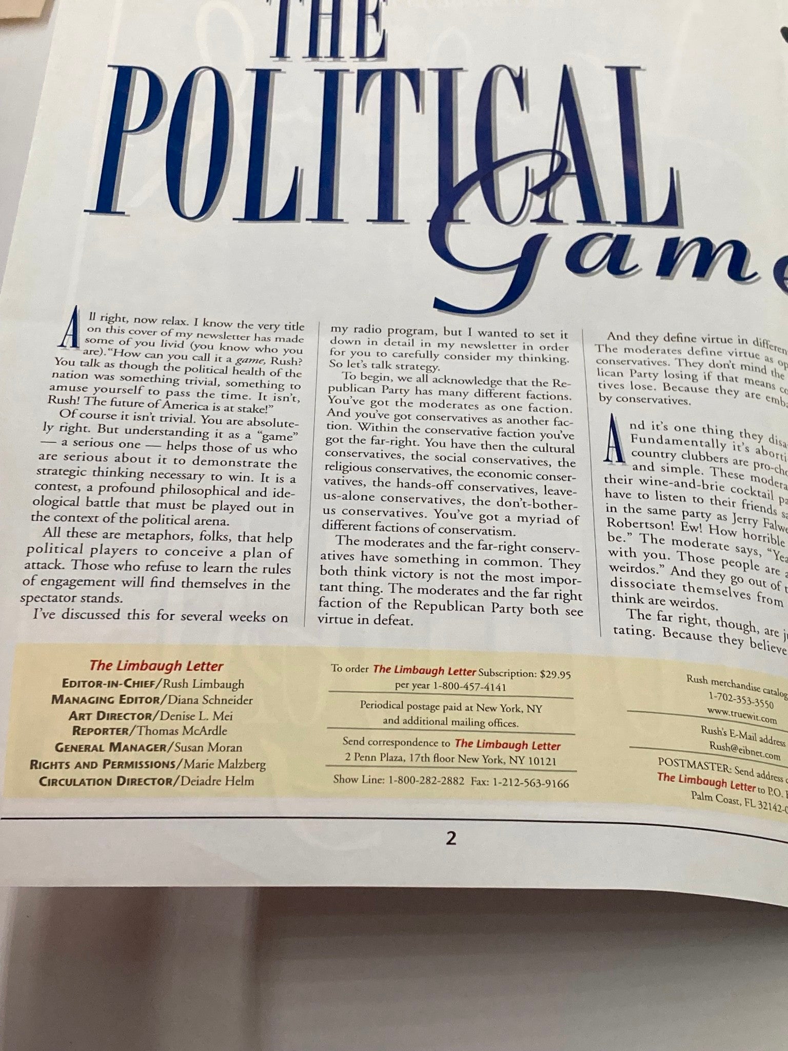 Rush Limbaugh Letter Newsletter Magazine July 1998 The Political Game