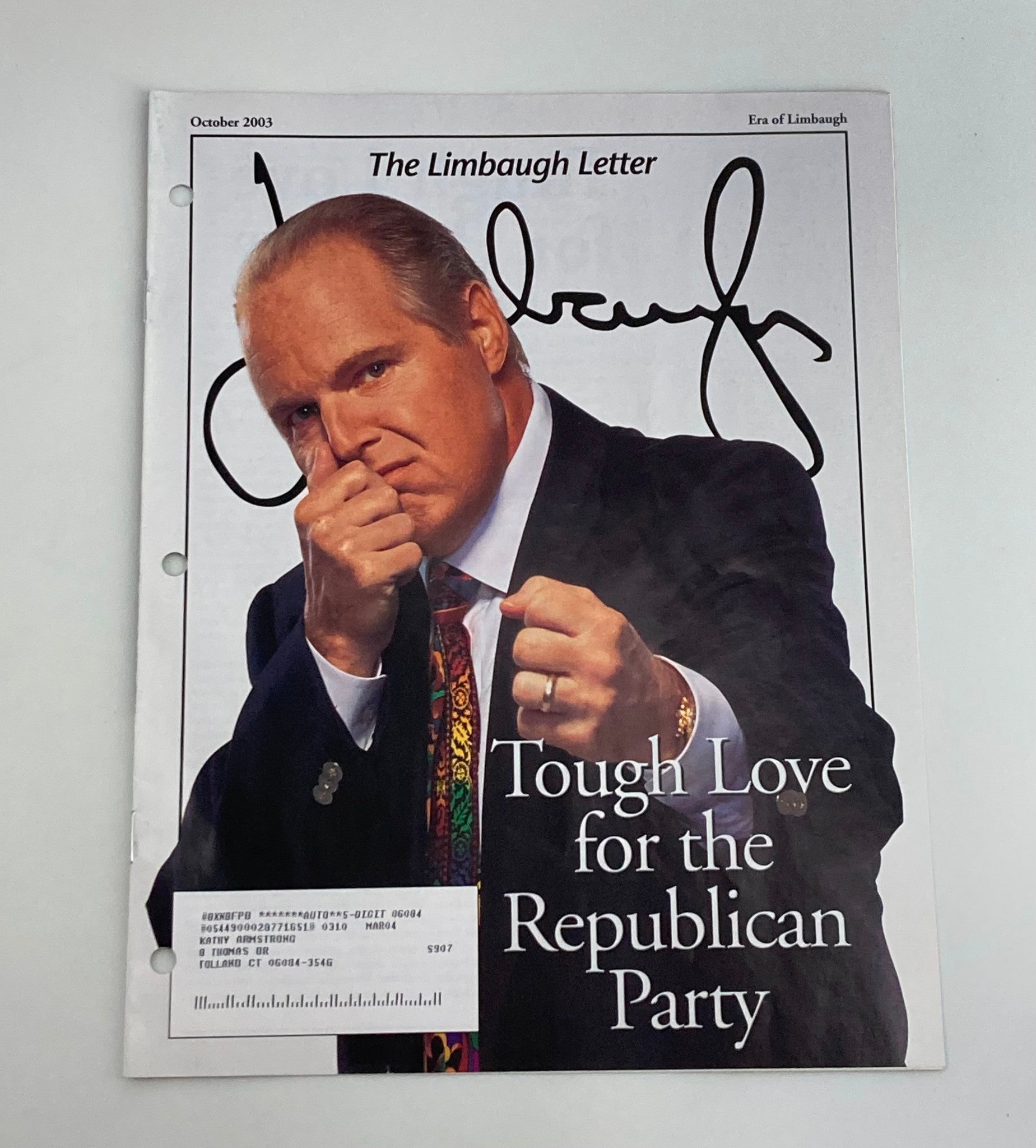 Rush Limbaugh Letter Newsletter Magazine October 2003 Love for the Republican