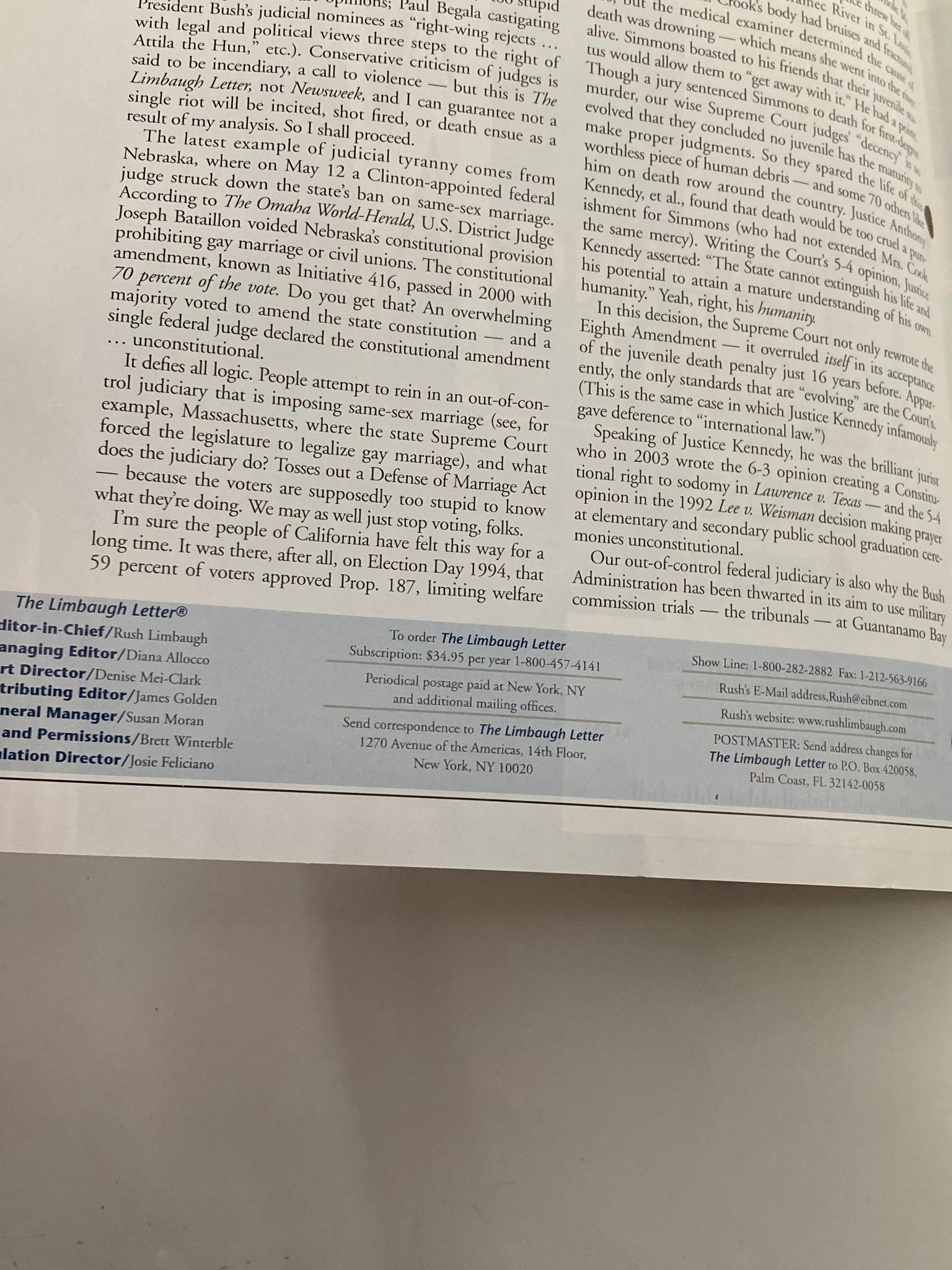 Rush Limbaugh Letter Newsletter Magazine May 2005 Judicial Arrogance