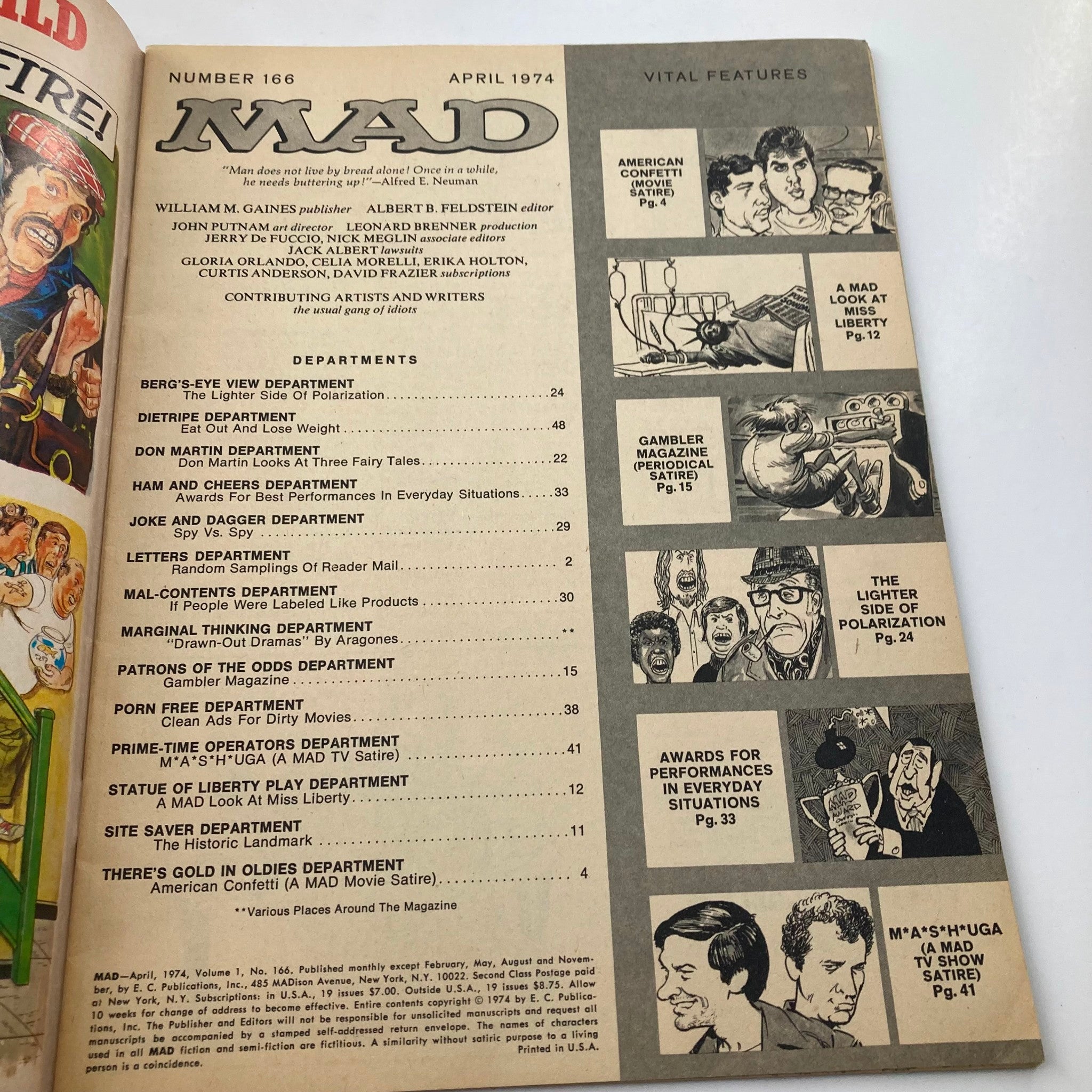 Mad Magazine April 1974 No. 166 Number One Ecch Magazine 6.0 FN Fine No Label