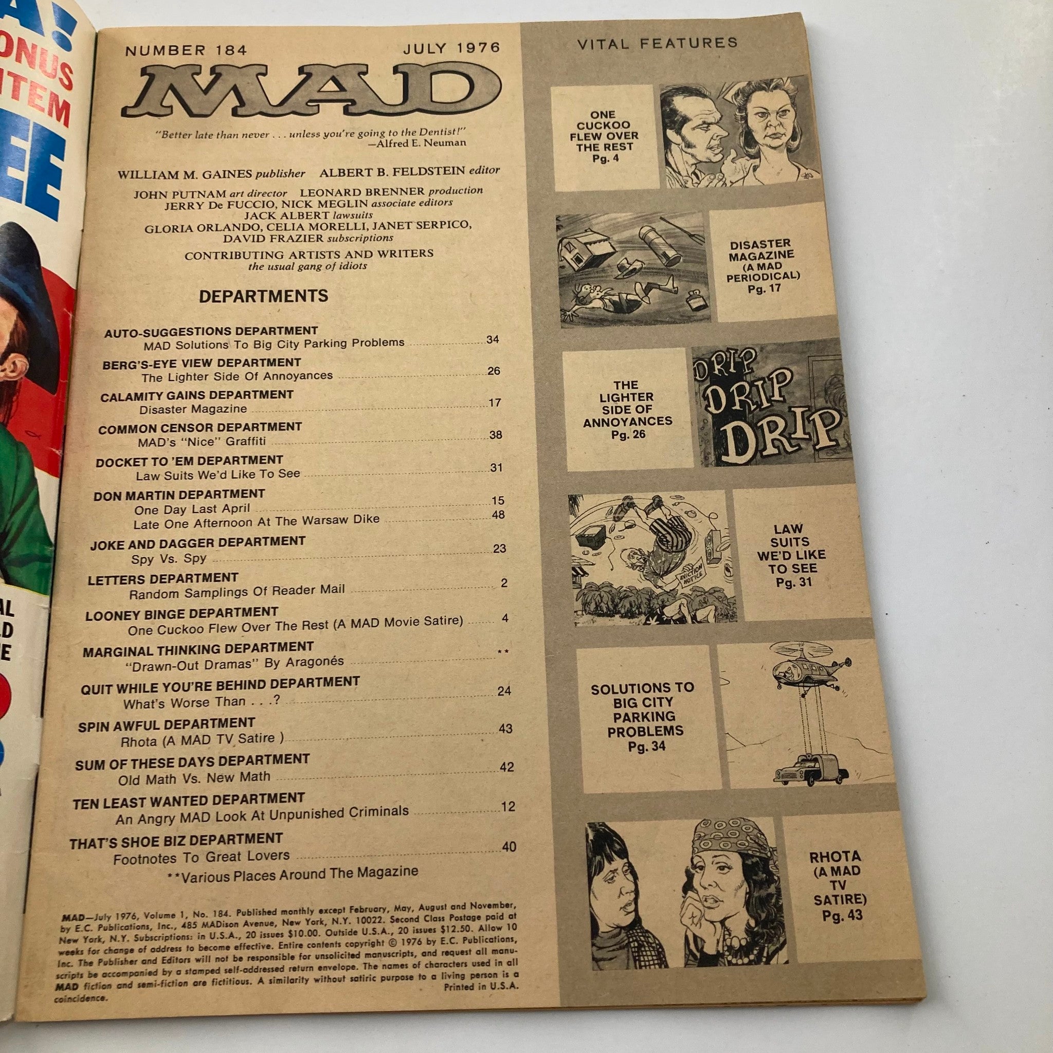 Mad Magazine July 1976 No. 184 Bring Back Arbor Day 6.0 FN Fine No Label