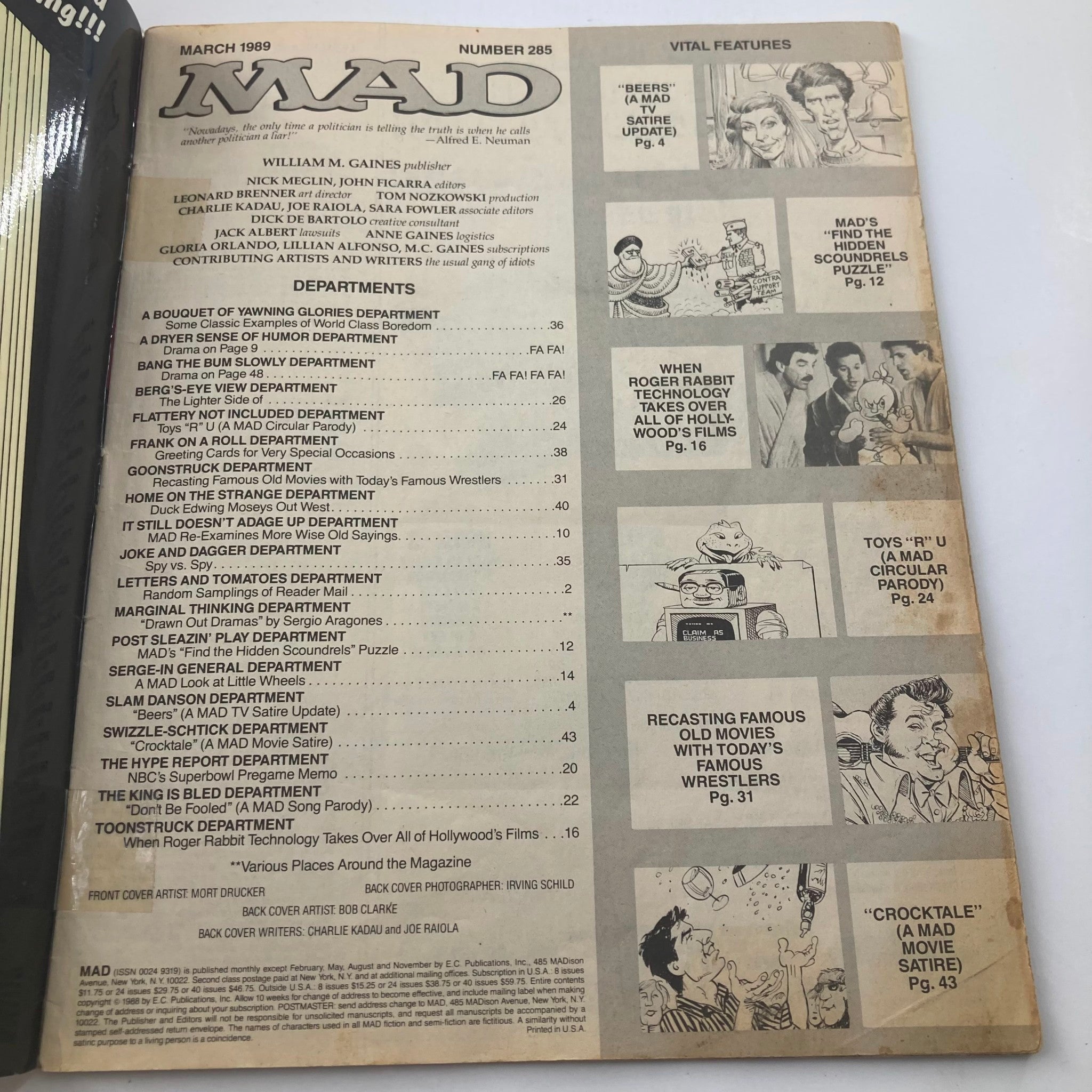 Interior page of Mad Magazine March 1989 No. 285 displaying the table of contents with various humorous articles and features, pertaining to the magazine's signature satire.