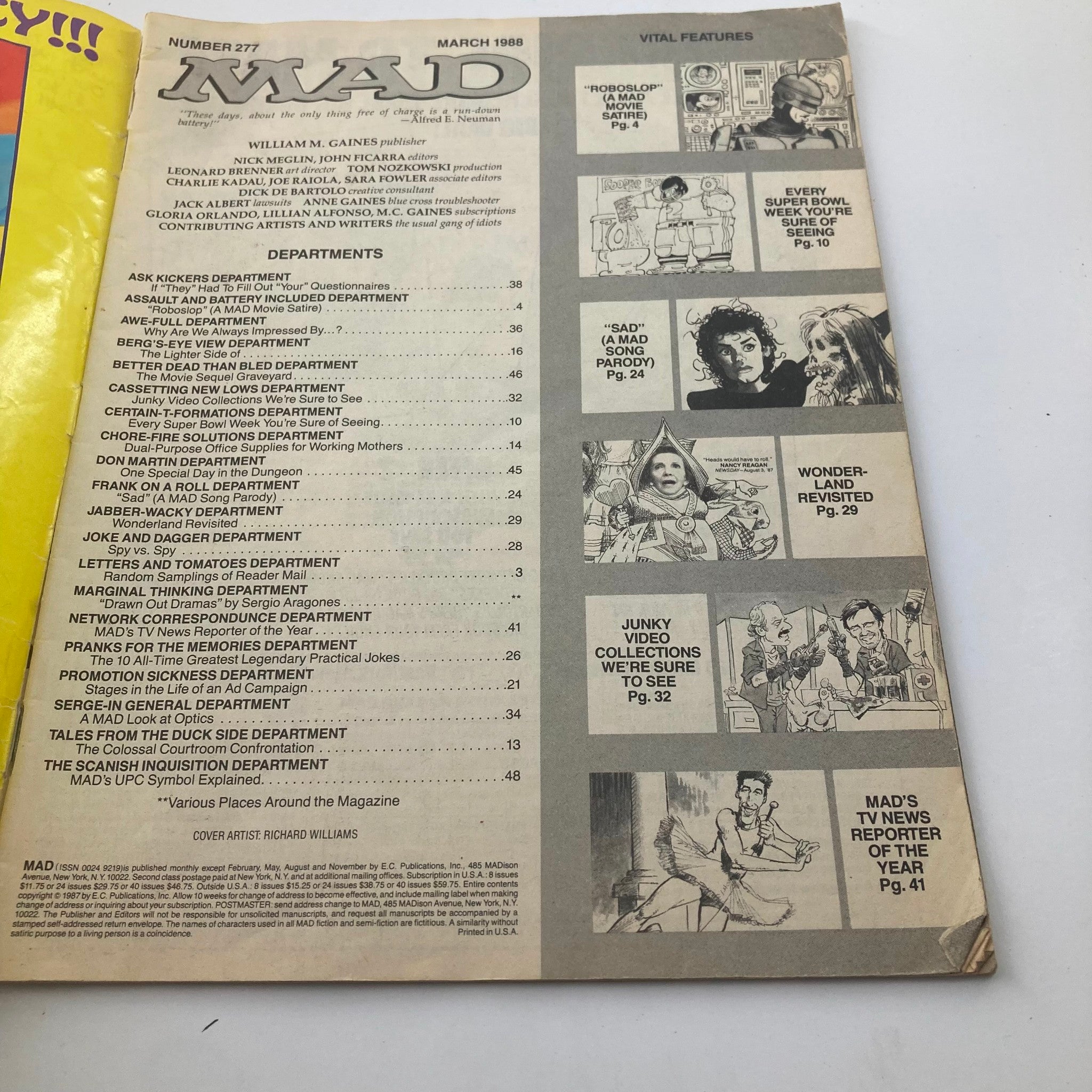 Mad Magazine March 1988 No. 277 Alfred E. Neuman 'Sad' 2.0 Good No Label