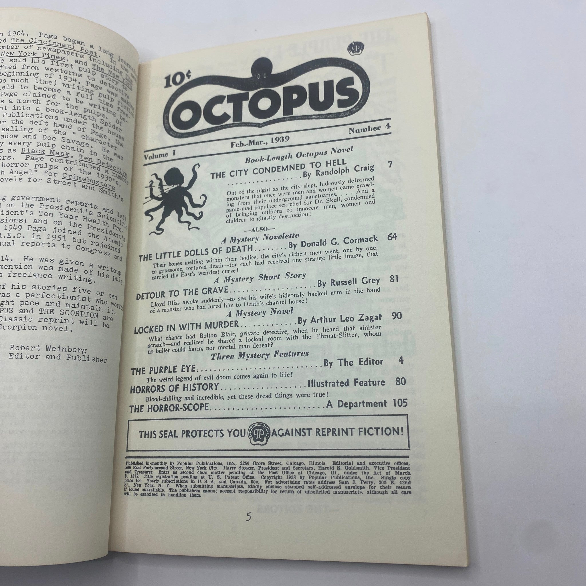 Contents page of VTG Octopus Magazine February 1939 detailing various stories including 'The City Condemned to Hell' with numbered sections.