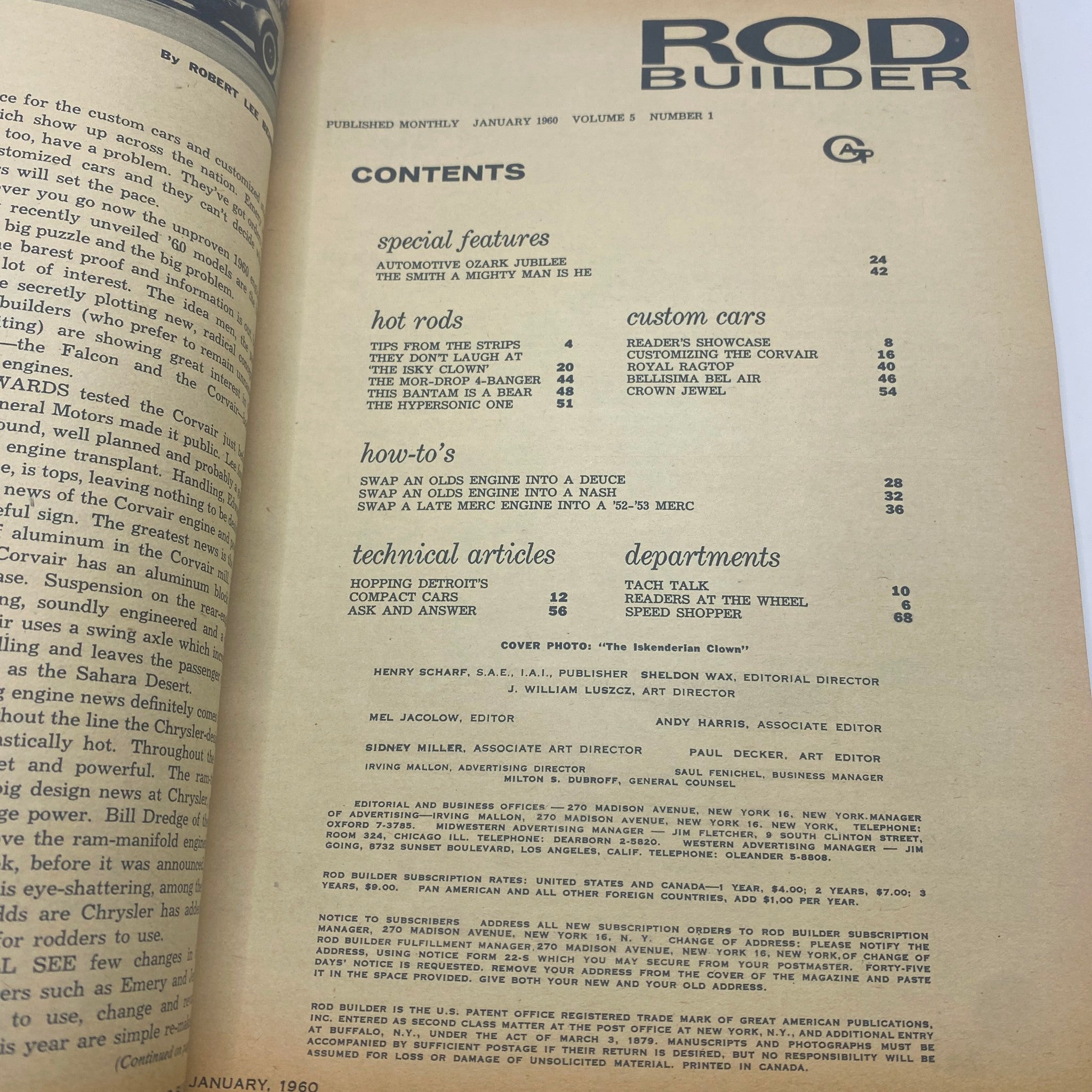 Interior page of Rod Builder Magazine January 1960 displaying the table of contents, listing features on hot rods, custom cars, how-to's, and technical articles.