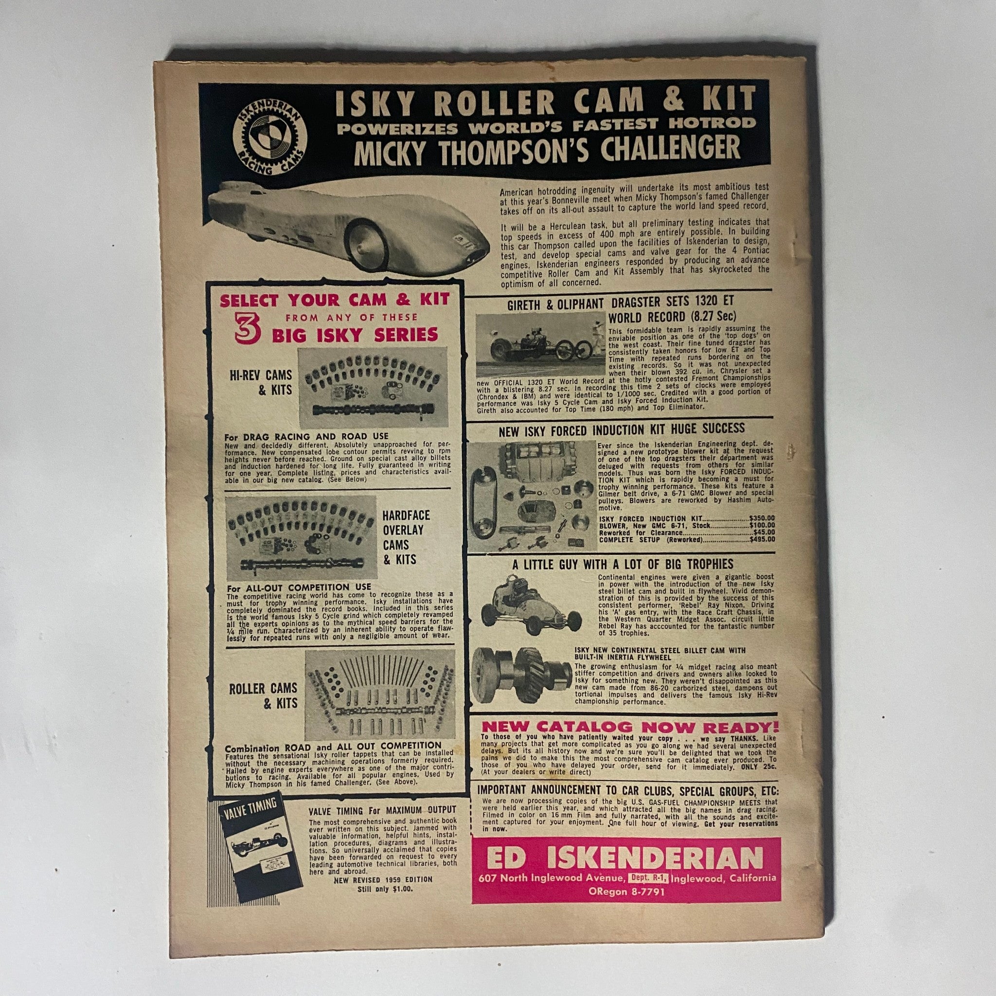 Back cover of Rod Builder Magazine January 1960 advertising Isky Roller Cam & Kit for Micky Thompson's Challenger, illustrating various cam and kit options tailored for high-performance racing.