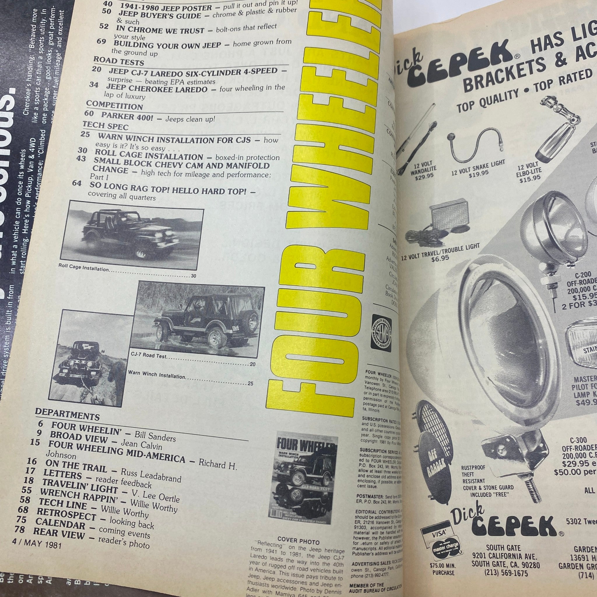 Interior page from VTG Four Wheeler Magazine May 1981 displaying the table of contents with articles related to off-roading and Jeep performance.