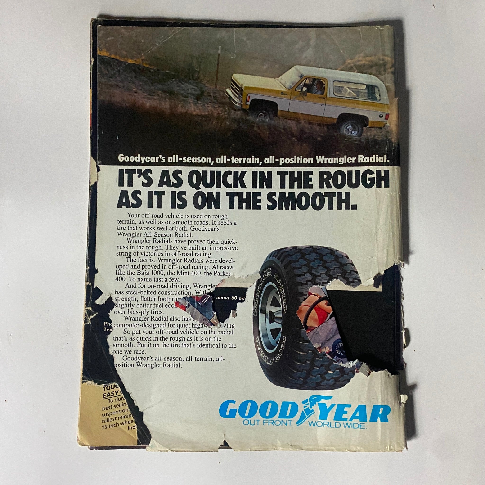 Back cover of VTG Four Wheeler Magazine May 1981 featuring an advertisement for Goodyear Wrangler Radial tires, emphasizing off-road vehicle performance.