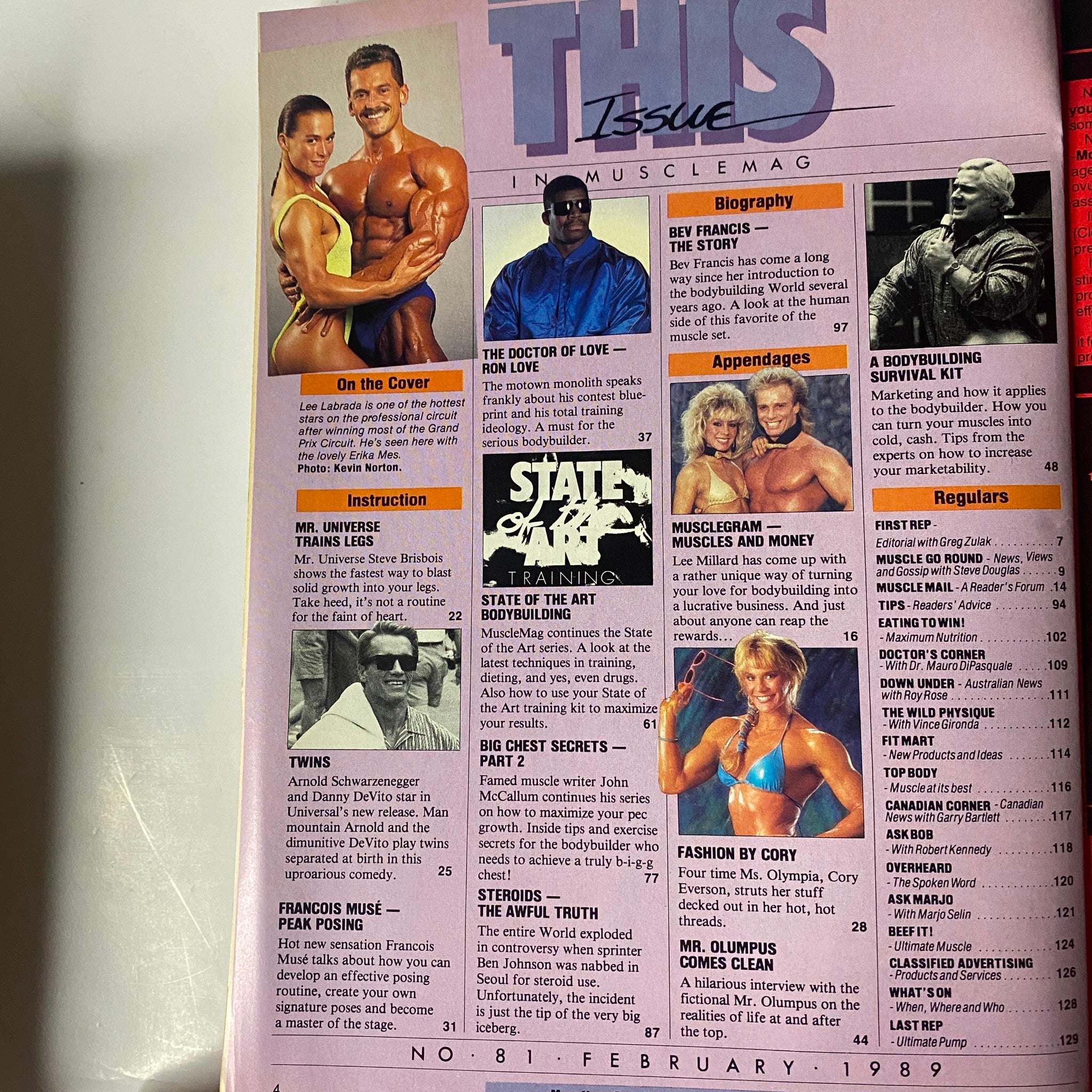 Interior page of MuscleMag International Magazine, February 1989, No. 81, highlighting content with Lee Labrada, tips on bodybuilding, and regular columns.