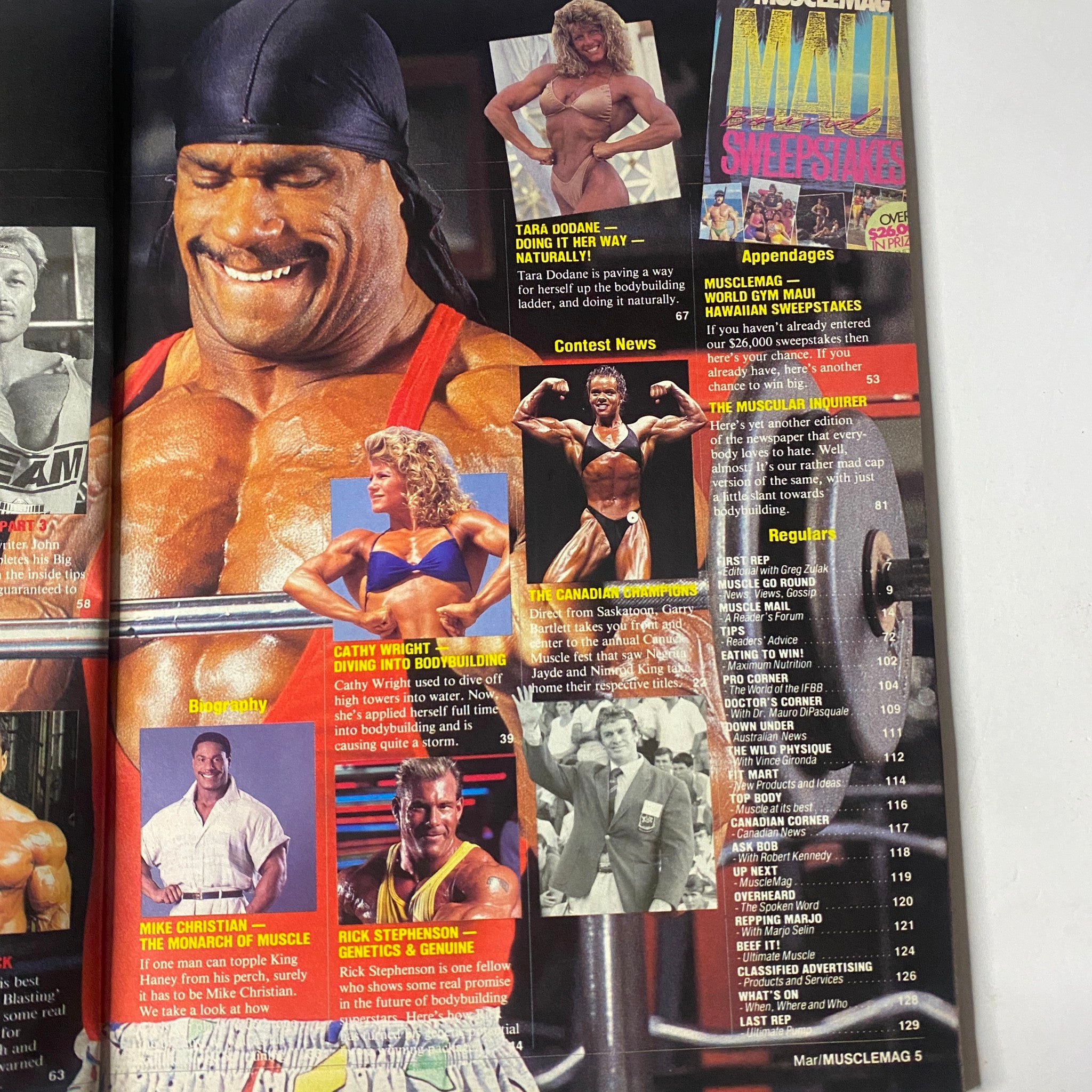 Another inside page of MuscleMag International Magazine March 1989, No. 82 featuring contest news and profiles of bodybuilders like Rick Stevenson and Tara Godden.