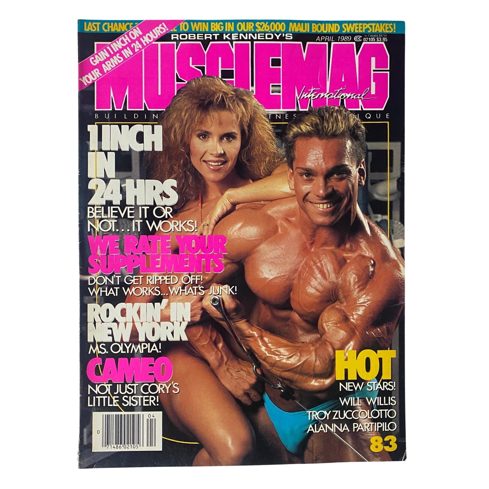 Cover of MuscleMag International Magazine, April 1989, Issue No. 83, featuring Richard Gaspari and Cameo Kneuer, showcasing bodybuilding tips, supplement ratings, and fitness insights.