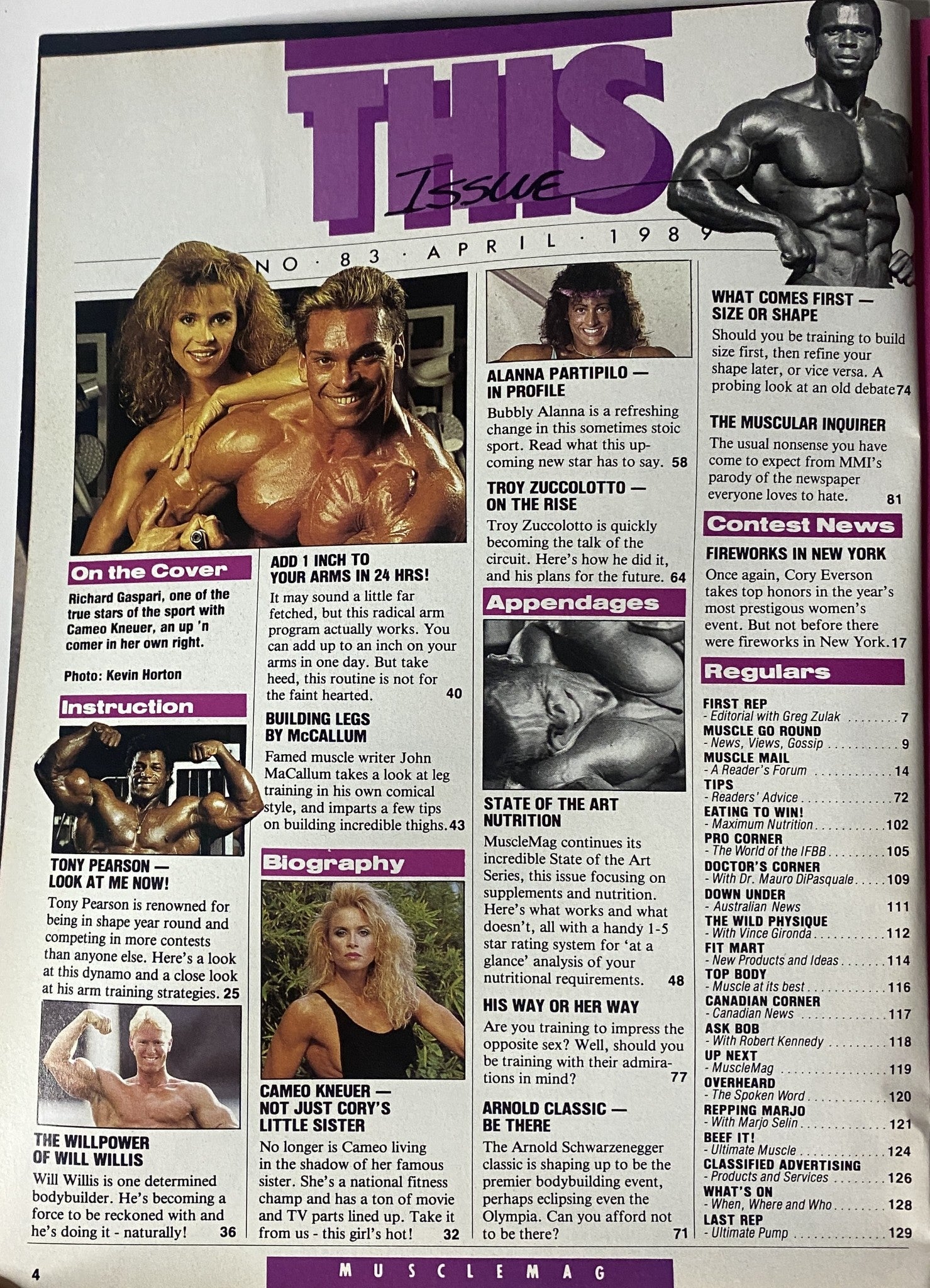Cover page of MuscleMag International Magazine April 1989, Issue No. 83 featuring Richard Gaspari and Cameo Kneuer.