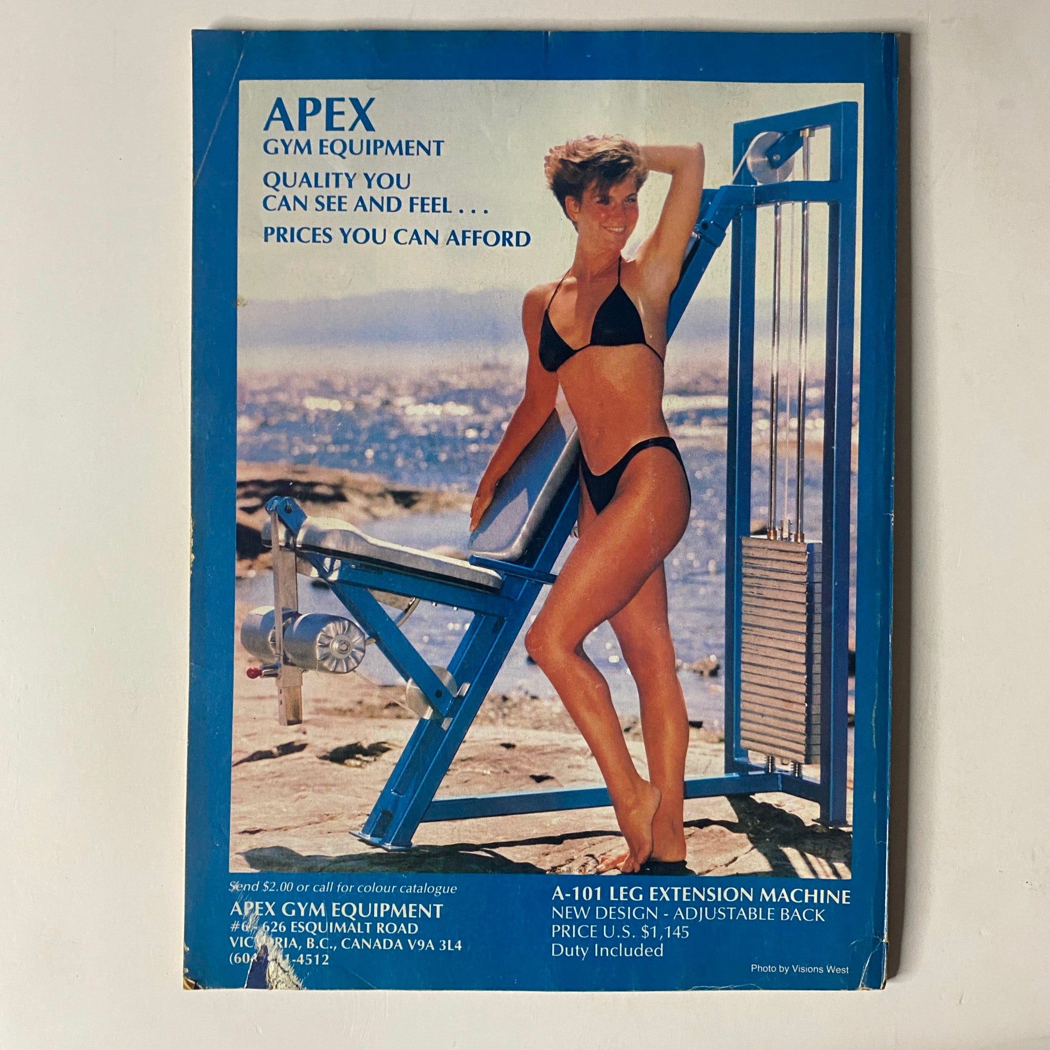 Promotional image for Apex Gym Equipment showcasing a model in a bikini next to a leg extension machine, with text highlighting quality and affordability.