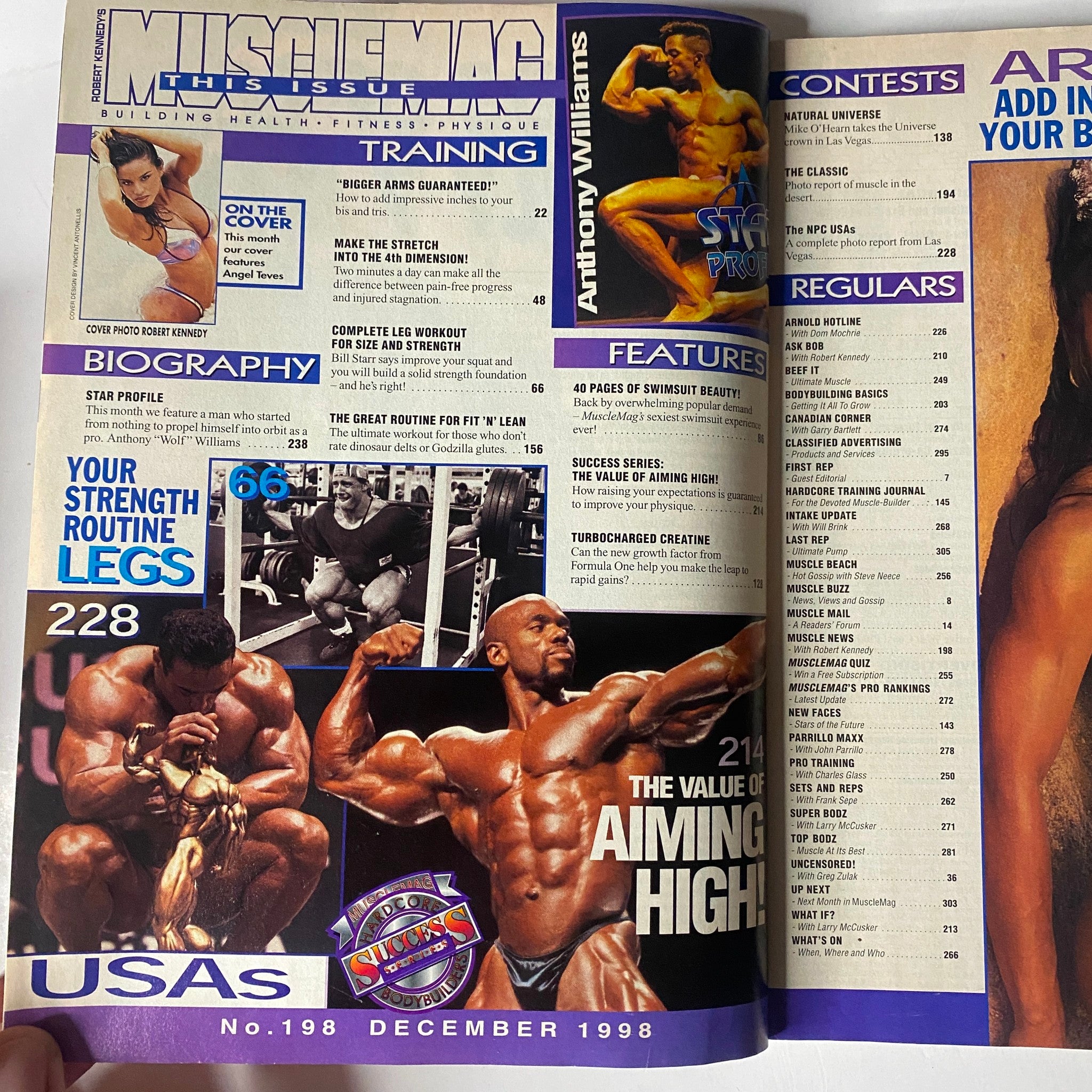 Inside spread of MuscleMag International Magazine December 1998, No. 198, showcasing articles featuring training routines and Anthony Williams. Includes highlighted content on bodybuilding and fitness regulars.