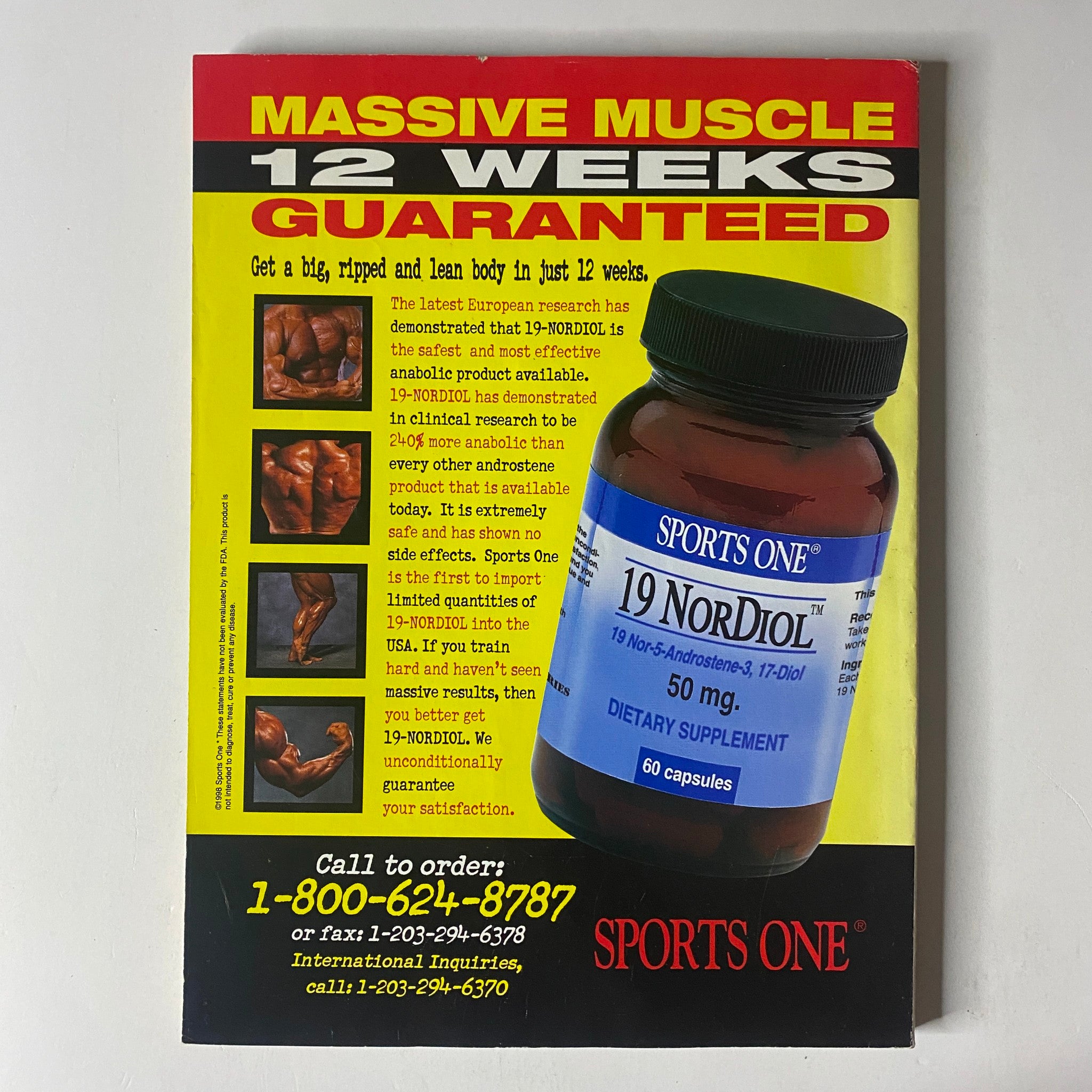 Advert for Sports One's 19 Nordiol supplement featured in MuscleMag International Magazine December 1998, No. 198. Emphasizes massive muscle gain and a 12-week guarantee.