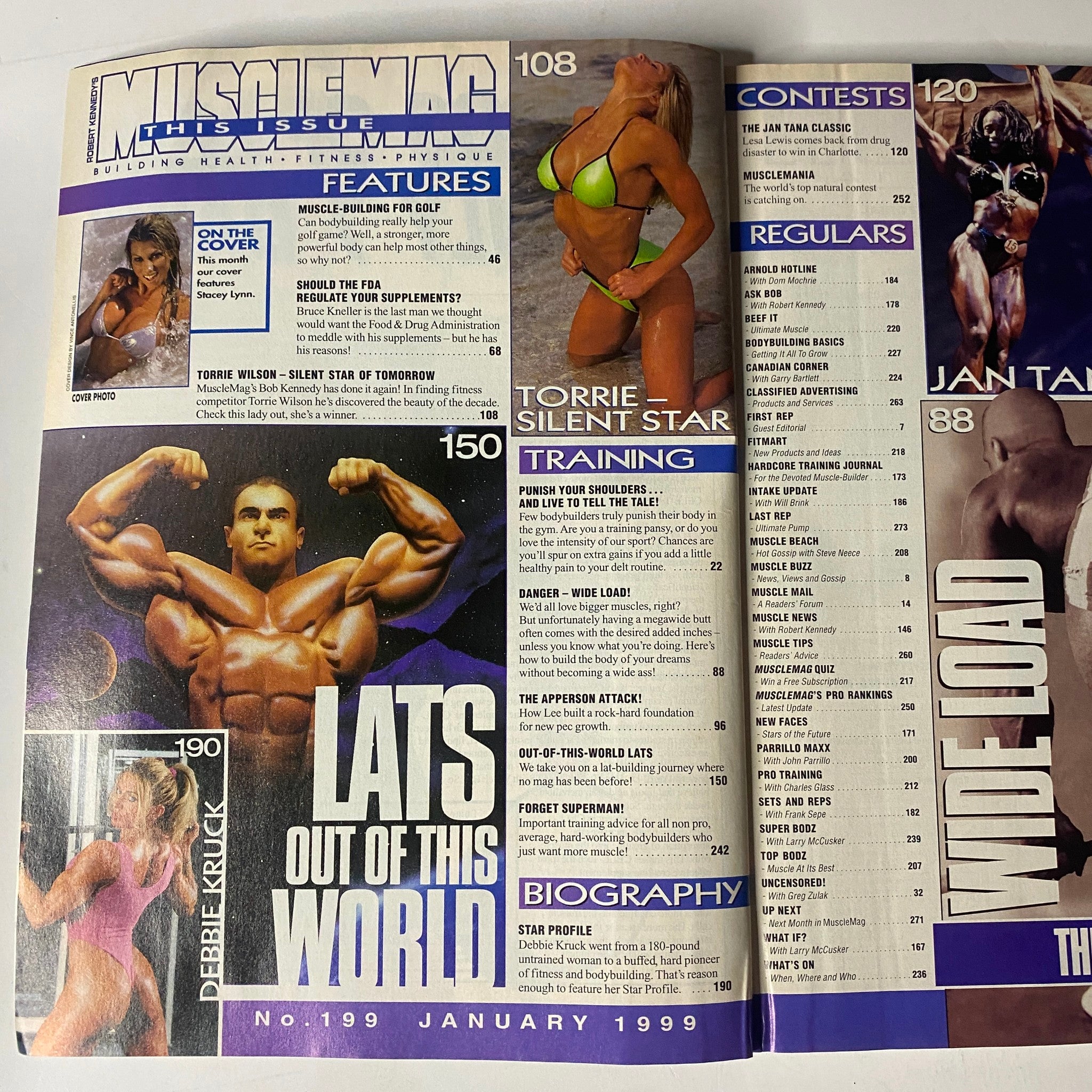 MuscleMag International Magazine January 1999 No. 199 featuring Torrie Wilson on the cover, showcasing fitness articles and bodybuilding insights.