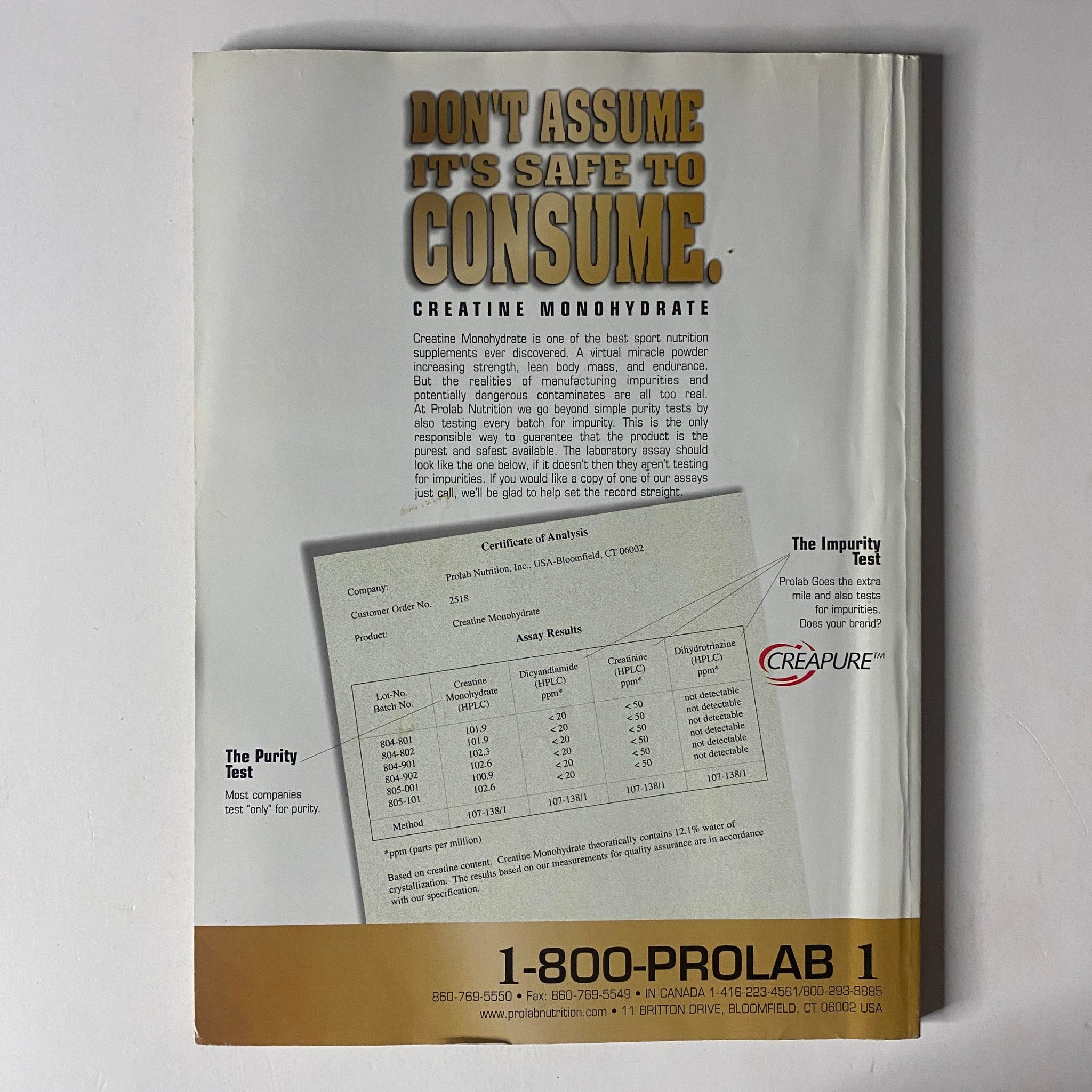 Back cover of MuscleMag International Magazine January 1999 No. 199, promoting safe use of creatine monohydrate with a quality assurance statement.