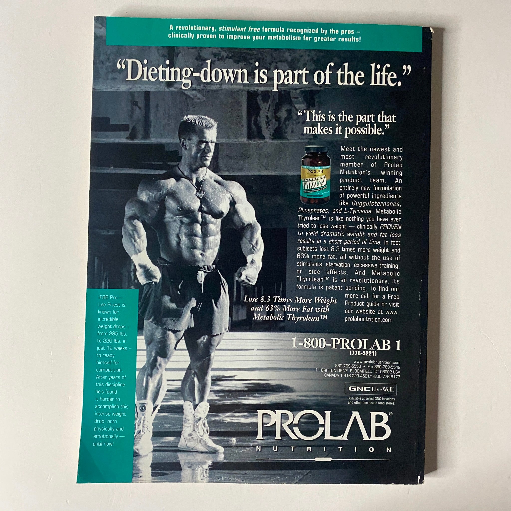 Back cover of MuscleMag International Magazine August 1999 No. 206 with an advertisement for ProLab Nutrition highlighting dieting and bodybuilding.