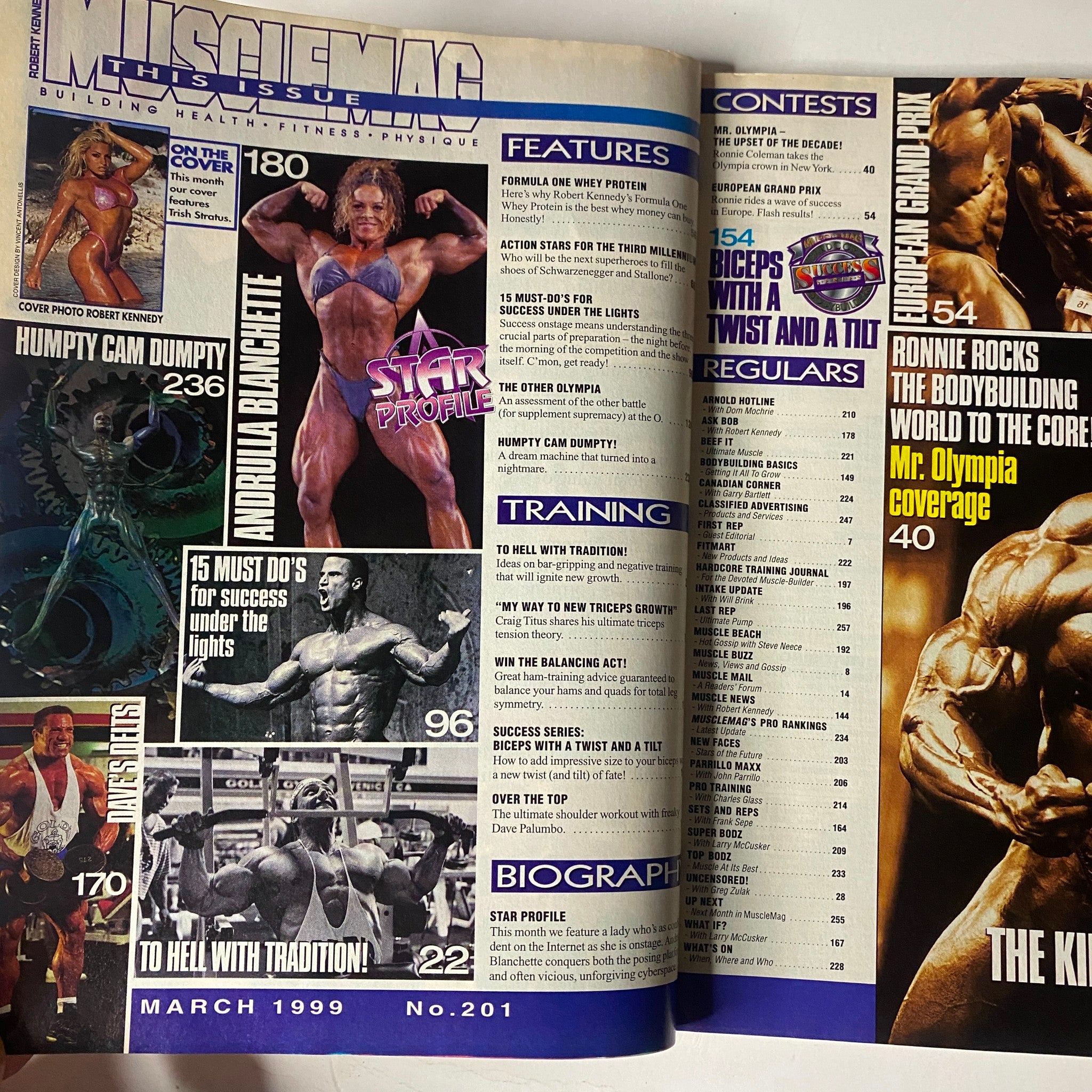 Inside spread of MuscleMag International Magazine March 1999 No. 201 showcasing features, training tips, and a star profile, contributing to its collectible value.