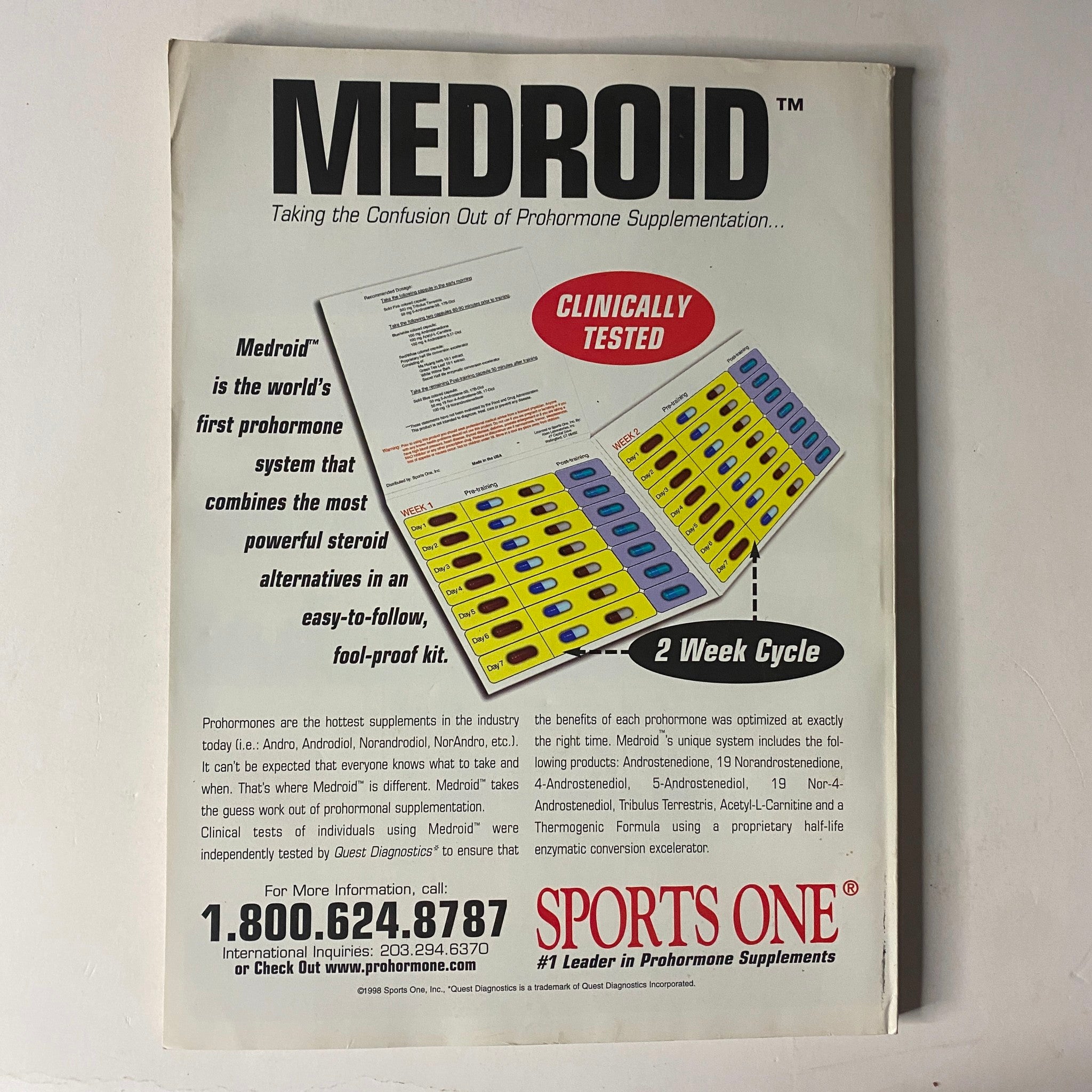 Back cover advertisement of MuscleMag International Magazine March 1999 No. 201 promoting Medroid, a prohormone supplement, highlighting its clinical testing and usage instructions.
