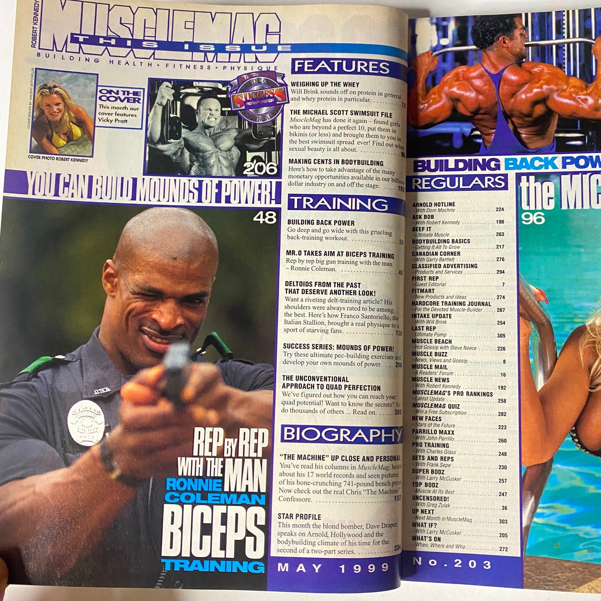 Inside pages of MuscleMag International Magazine May 1999 No. 203, showcasing features on training and bodybuilding, including Ronnie Coleman's biceps training.
