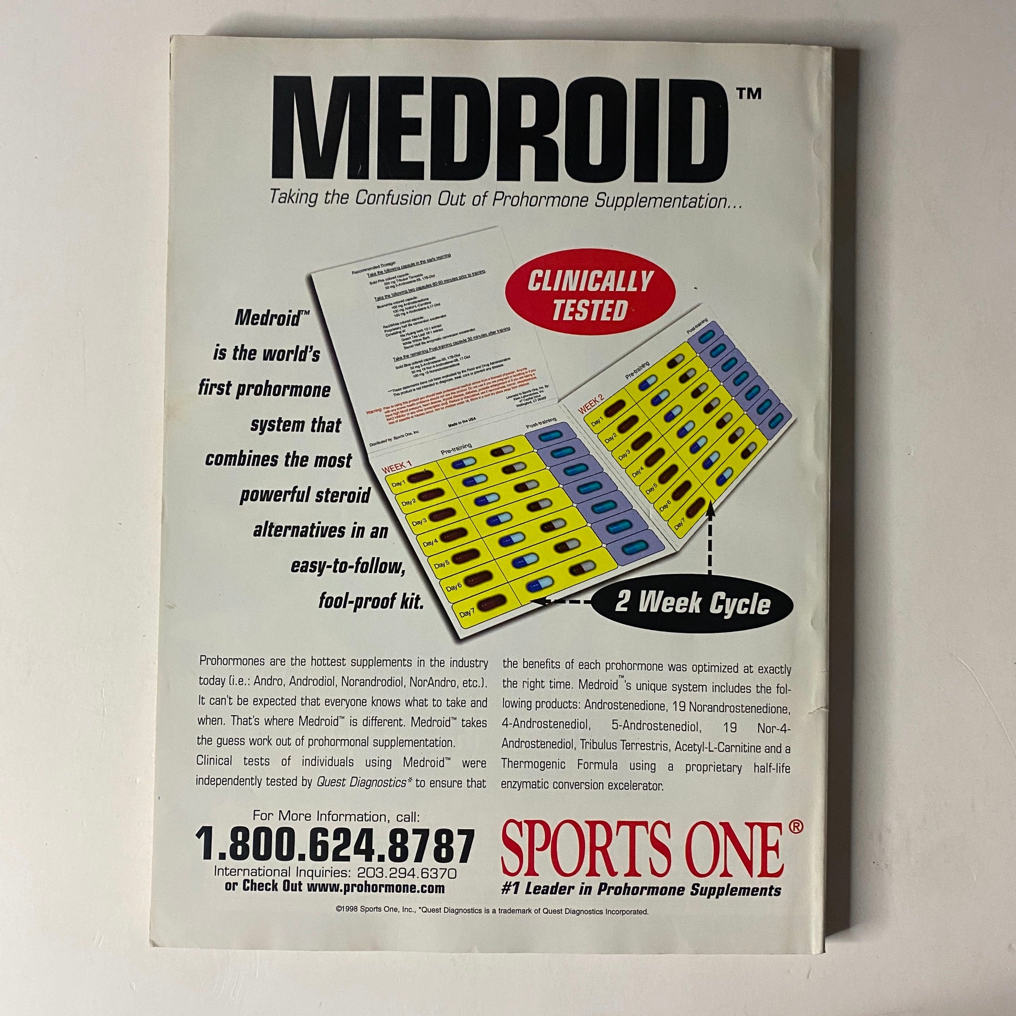 Back cover of MuscleMag International Magazine May 1999 No. 203 featuring an advertisement for Medroid, a prohormone supplement system. This original issue highlights bodybuilding content and fitness trends.
