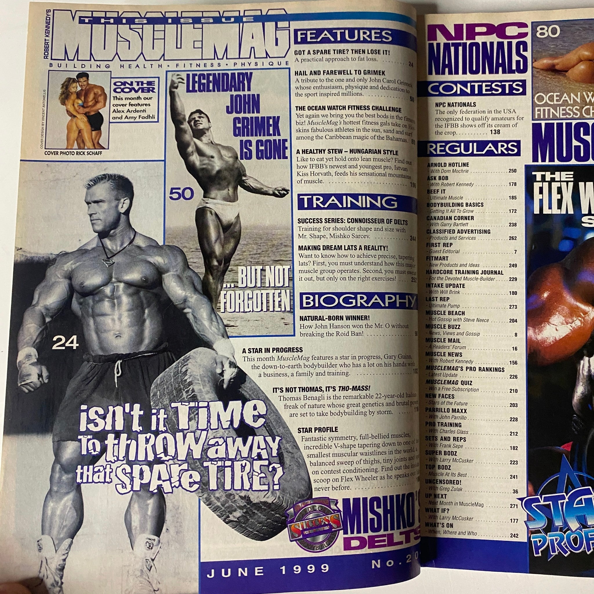 Inside page of MuscleMag International Magazine June 1999, highlighting features on bodybuilding training, biography, and legendary athletes. Issue includes details on NPC Nationals.