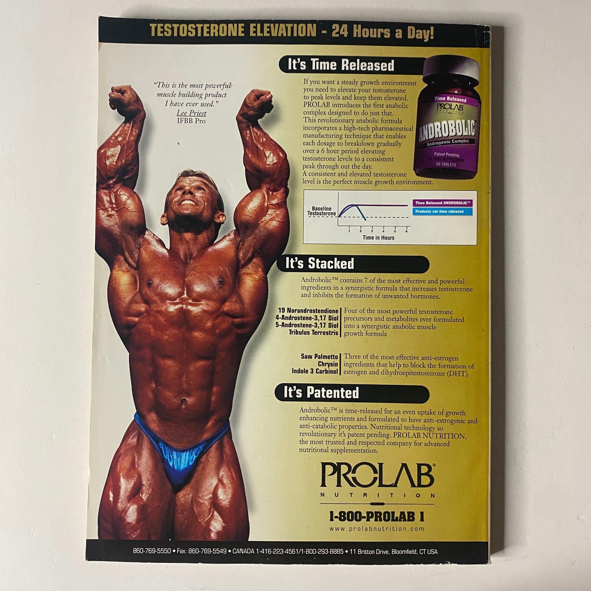 Advertisement from MuscleMag International Magazine June 1999 for ProLab Nutrition with a bodybuilding model promoting testosterone elevation supplements. Features health and fitness themes.