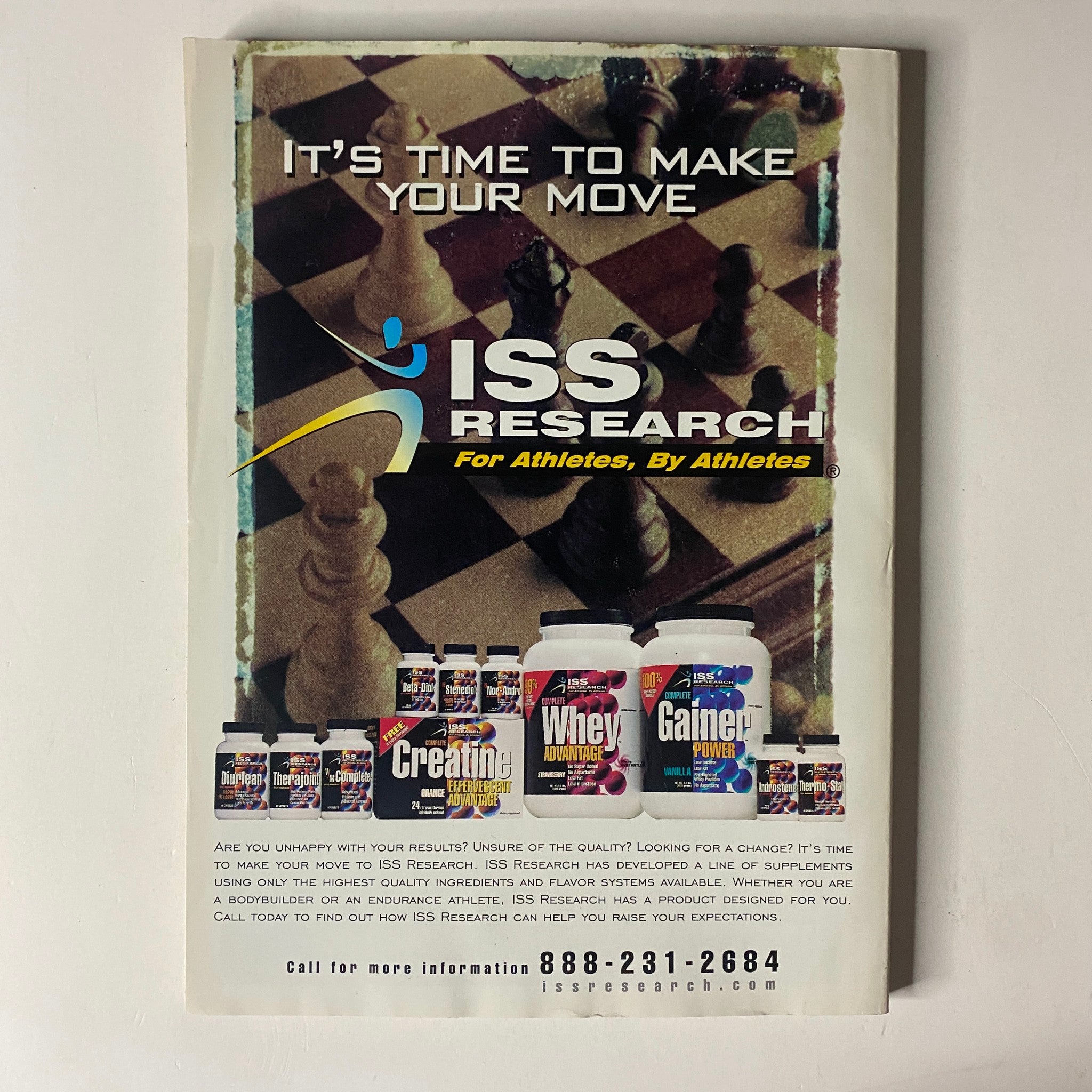 Back cover advertisement of MuscleMag International Magazine January 2000, Issue No. 211 promoting ISS Research products for athletes, including supplements like creatine and whey.