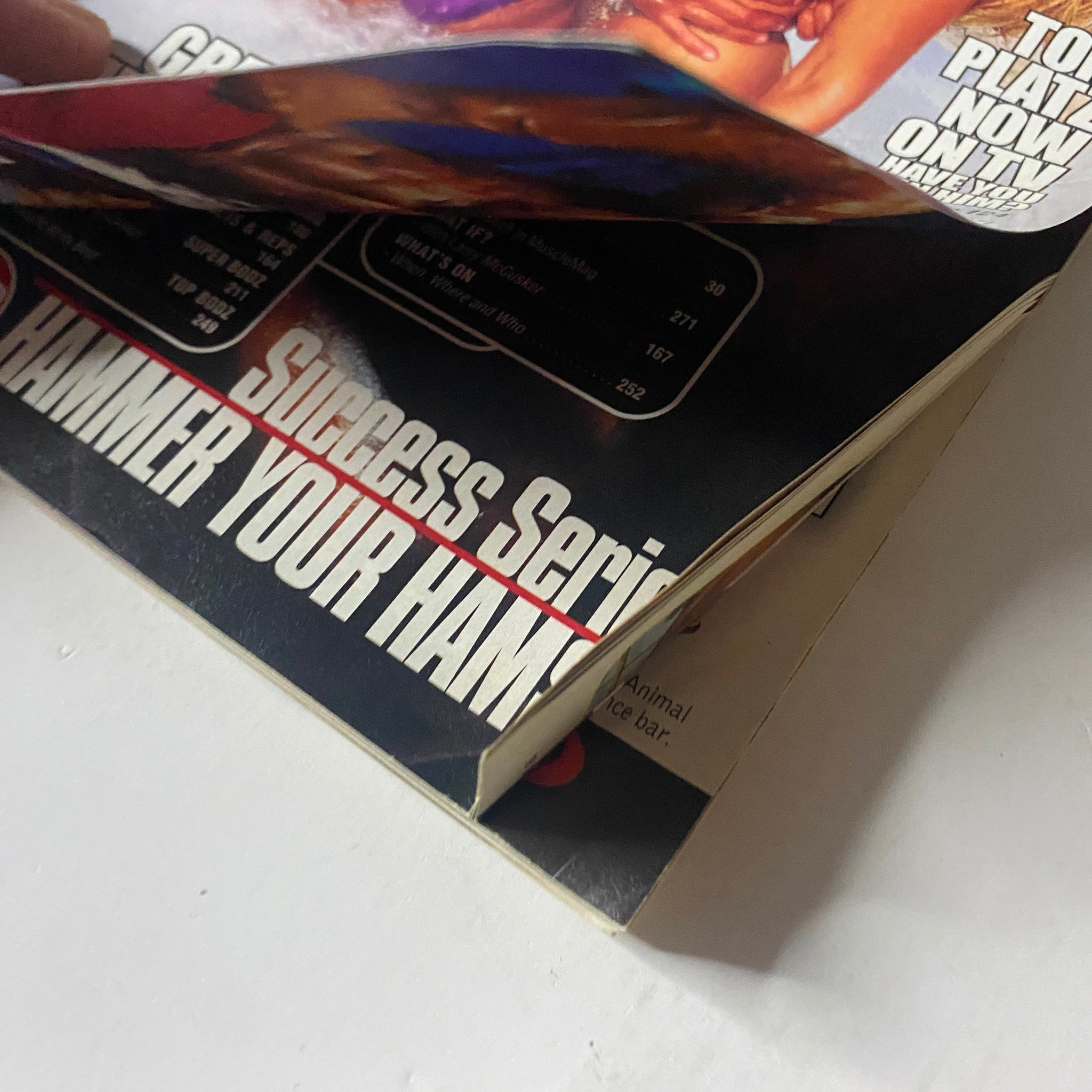 Back cover of MuscleMag International Magazine December 1999 showing wear and tear, emphasizing its vintage condition.