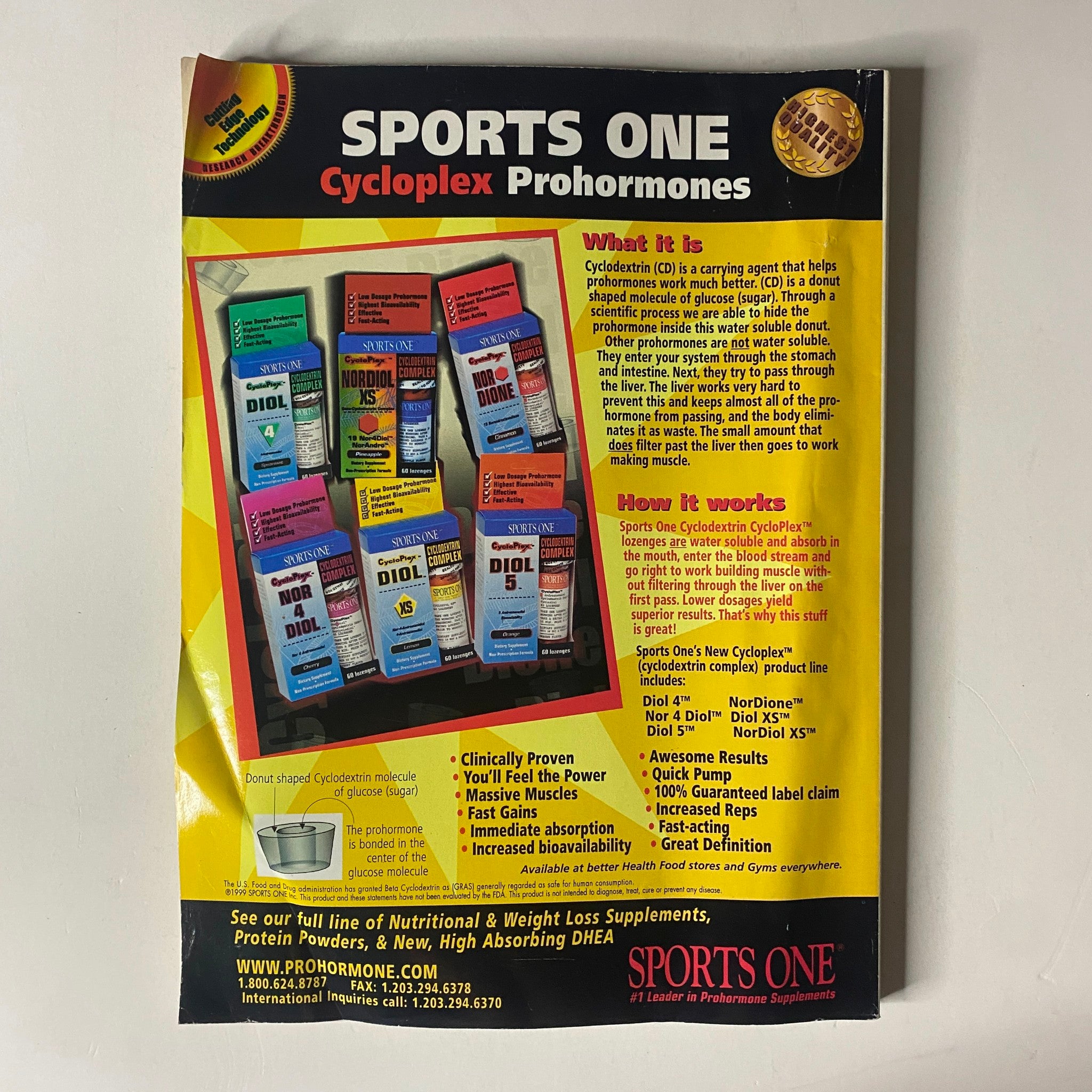 Advertisement for Sports One Cycloplex Prohormones, showcasing various supplement products. This image supports the MuscleMag International Magazine December 1999 featuring Lori Barbour & Lee Apperson, emphasizing fitness and bodybuilding nutrition.