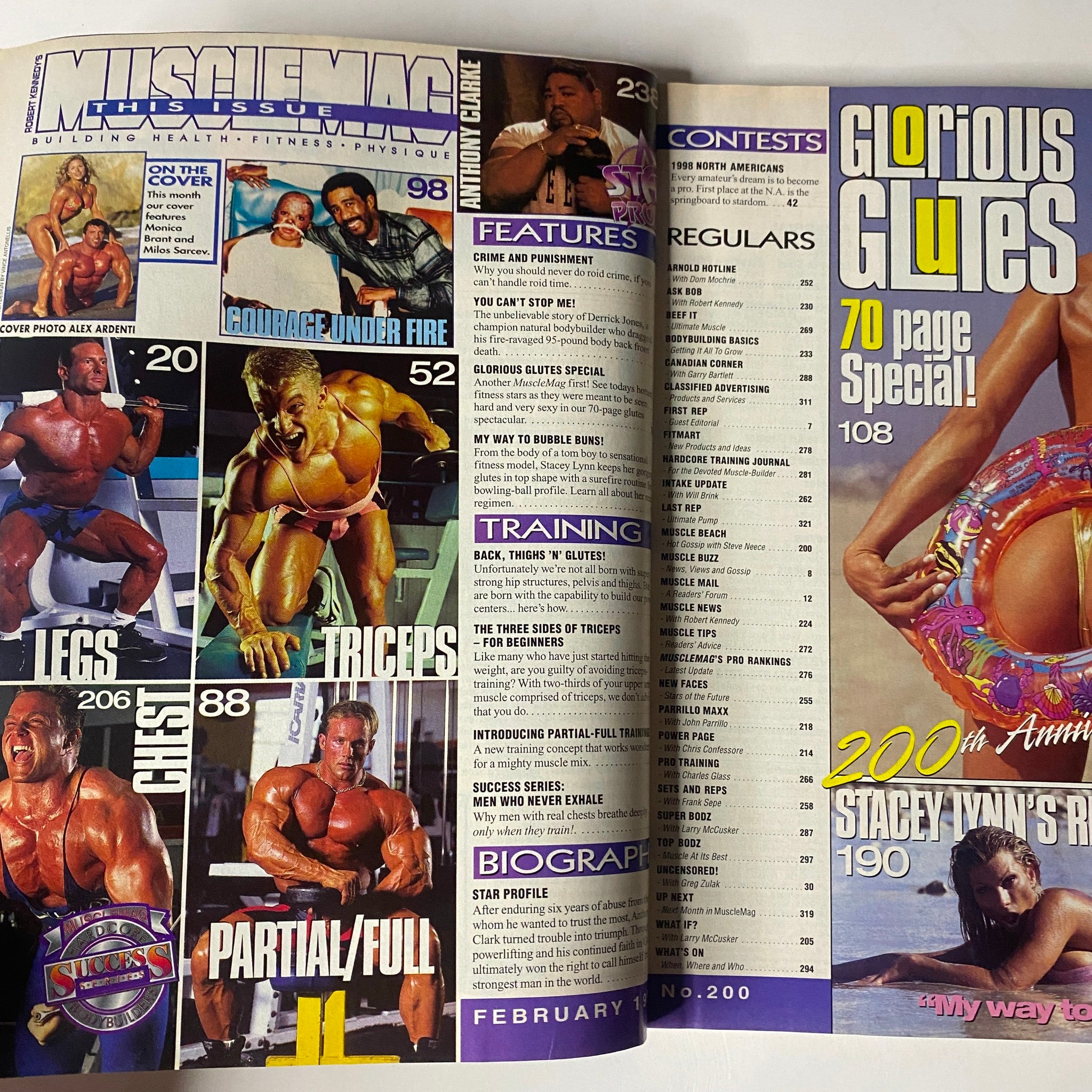Inside pages of MuscleMag International Magazine February 1999 displaying various sections including articles on legs, triceps, training tips, and contests. The layout emphasizes the magazine's comprehensive coverage of fitness and bodybuilding.