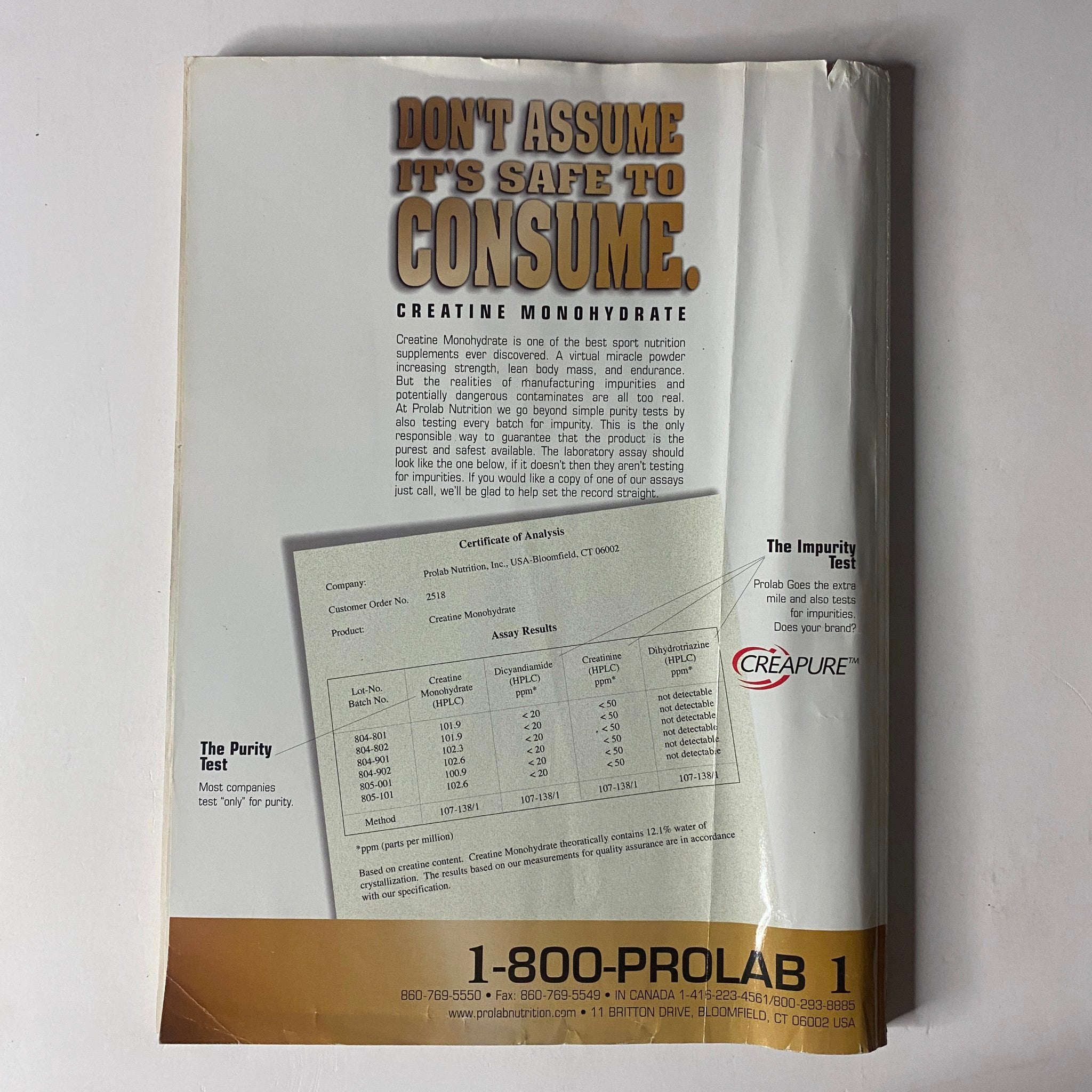 Back cover of MuscleMag International Magazine February 1999 featuring a promotion for Creatine Monohydrate. The design includes a warning about product purity, reflecting the magazine's commitment to safe supplementation for fitness enthusiasts.