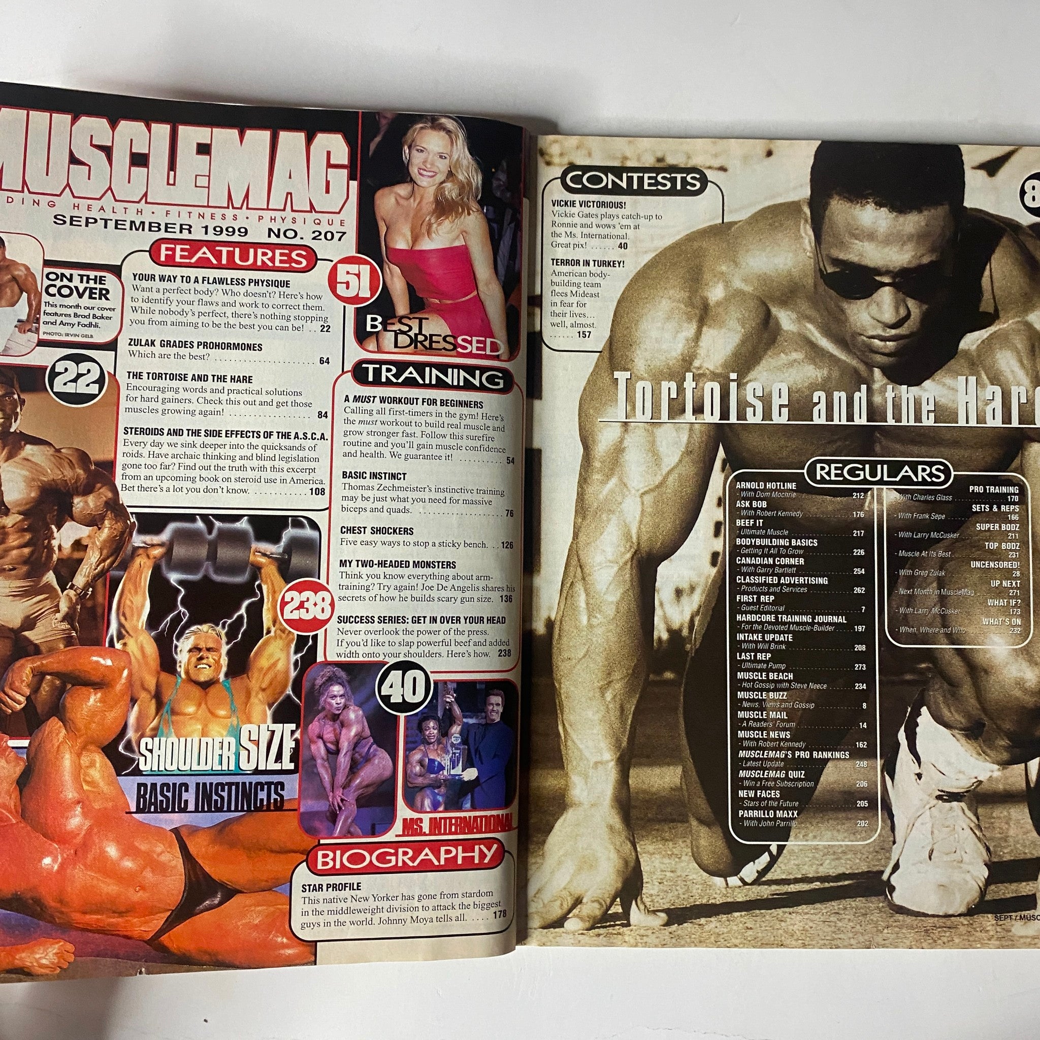 MuscleMag International Magazine September 1999 No. 207 featuring Brad Baker and Amy Fadhli, showcasing various articles and features on bodybuilding, nutrition, and fitness.