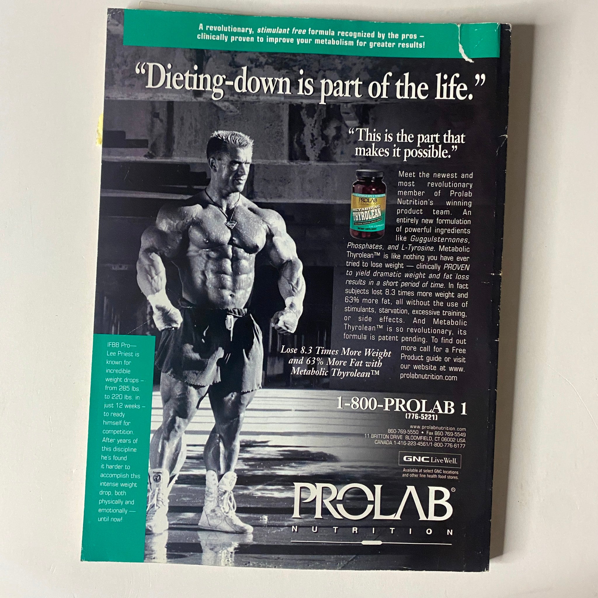 Back cover of MuscleMag International Magazine September 1999 No. 207, featuring an advertisement for ProLab Nutrition emphasizing the importance of dietary supplements for bodybuilding.