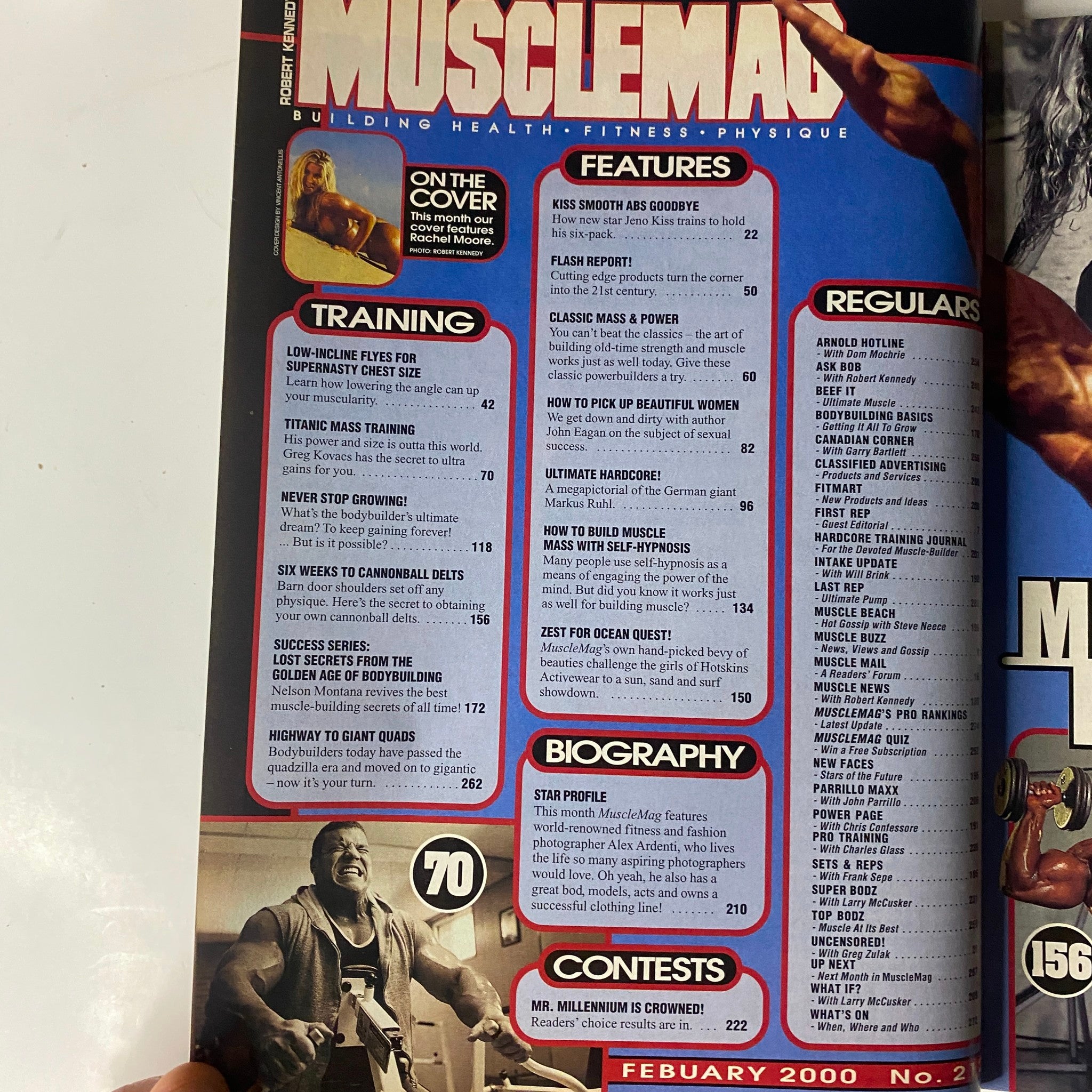 Inside page of MuscleMag International Magazine, February 2000 issue, showcasing content highlights including training guidelines and bodybuilding features.