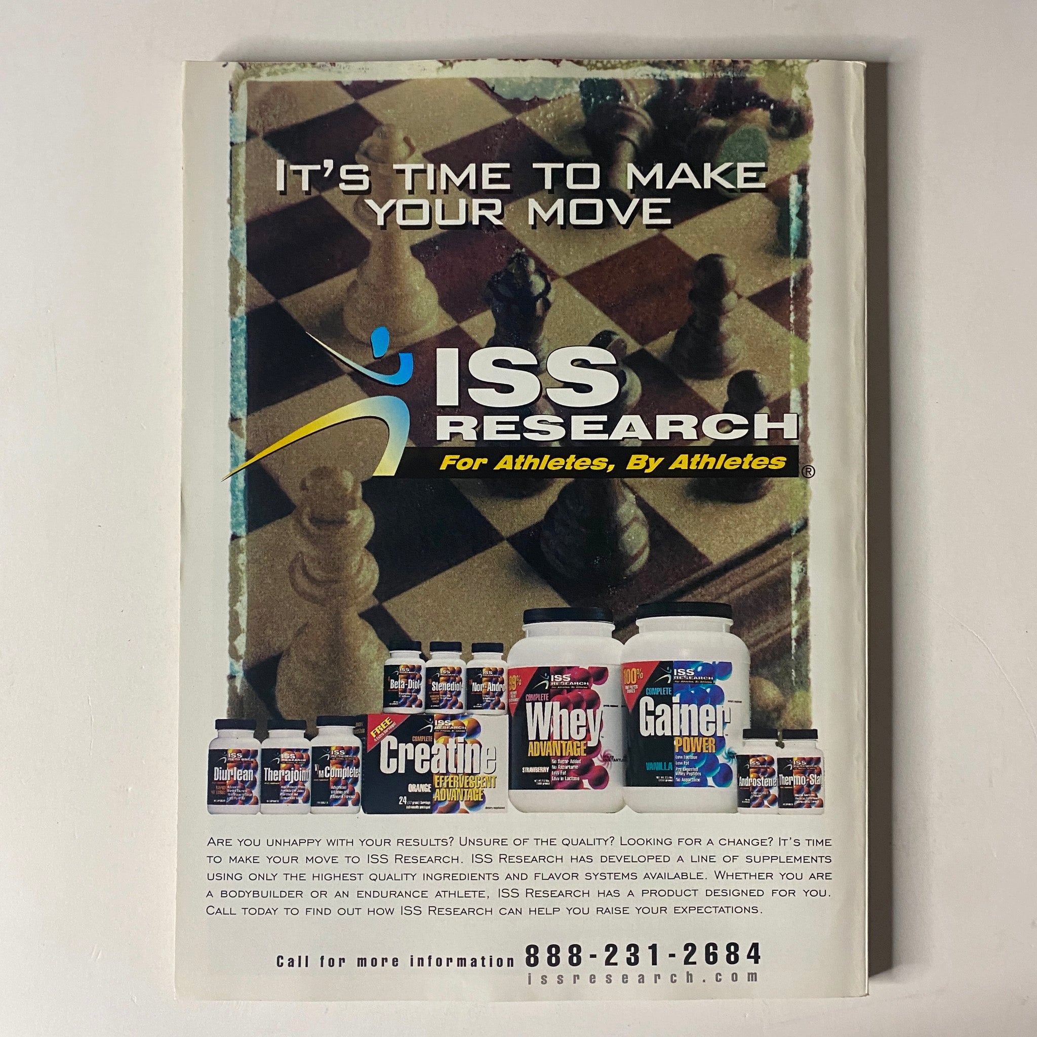 Back cover of MuscleMag International Magazine February 2000 featuring advertising for ISS Research products like protein powders and supplements, promoting fitness and bodybuilding solutions.