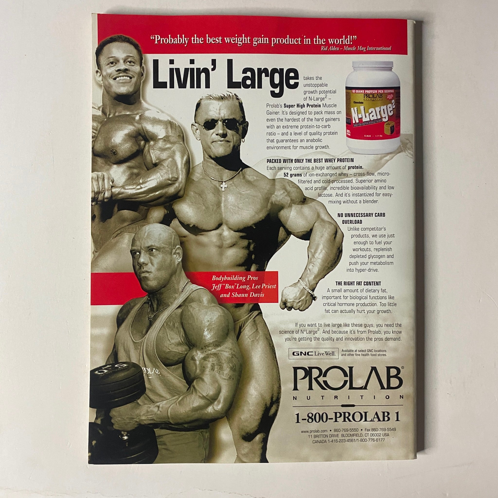 Advertisement featured in MuscleMag International Spring 2000 Collector's Issue: Abdominals for Prolab Nutrition's weight gain product, showcasing bodybuilders and promotional content.