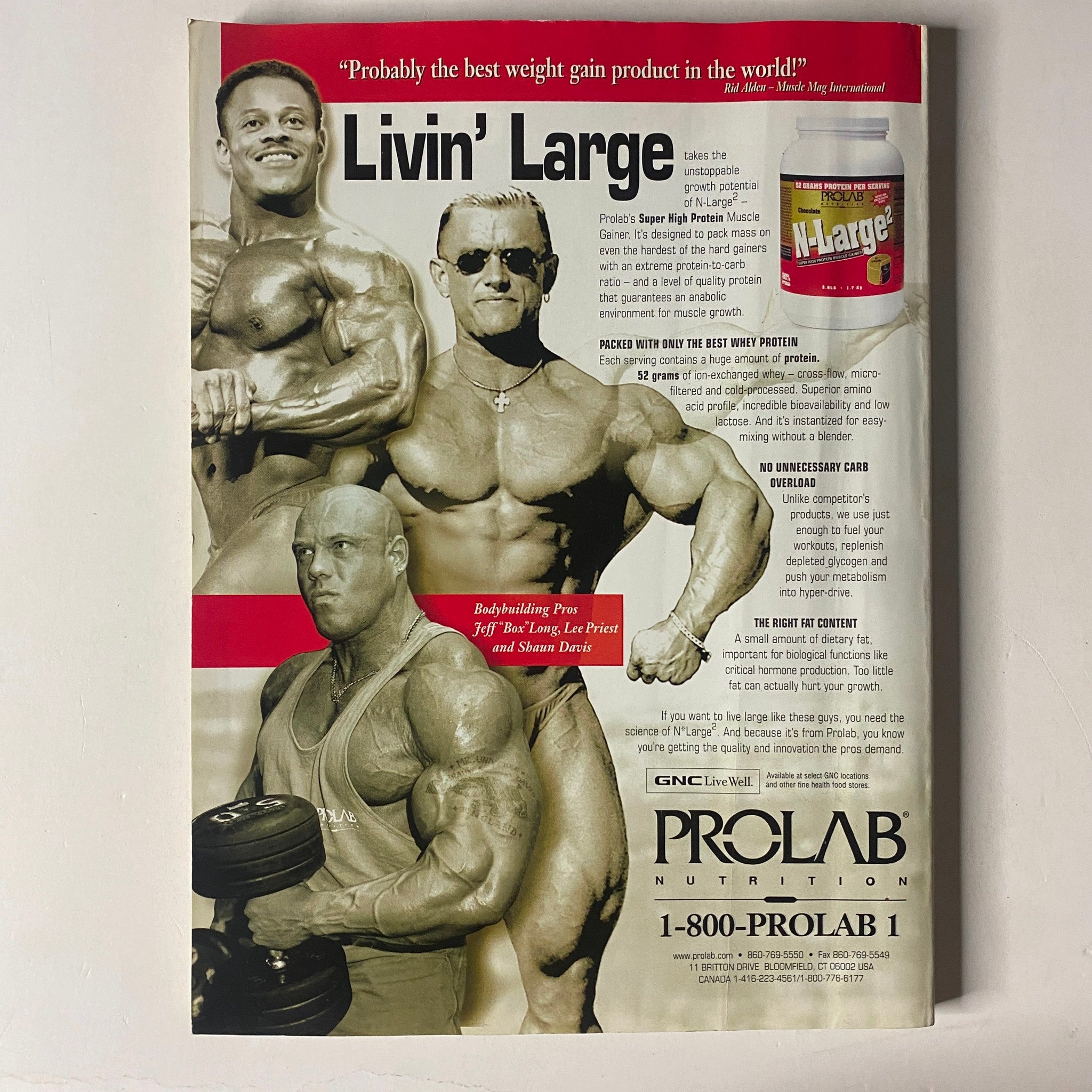 Advertisement from MuscleMag International Magazine April 2000 Issue No. 214 showcasing ProLab Nutrition's 'M-Large' product for weight gain, featuring bodybuilding icons, including Jeff Long, Lee Priest, and Shawn Davis, emphasizing strength and fitness.
