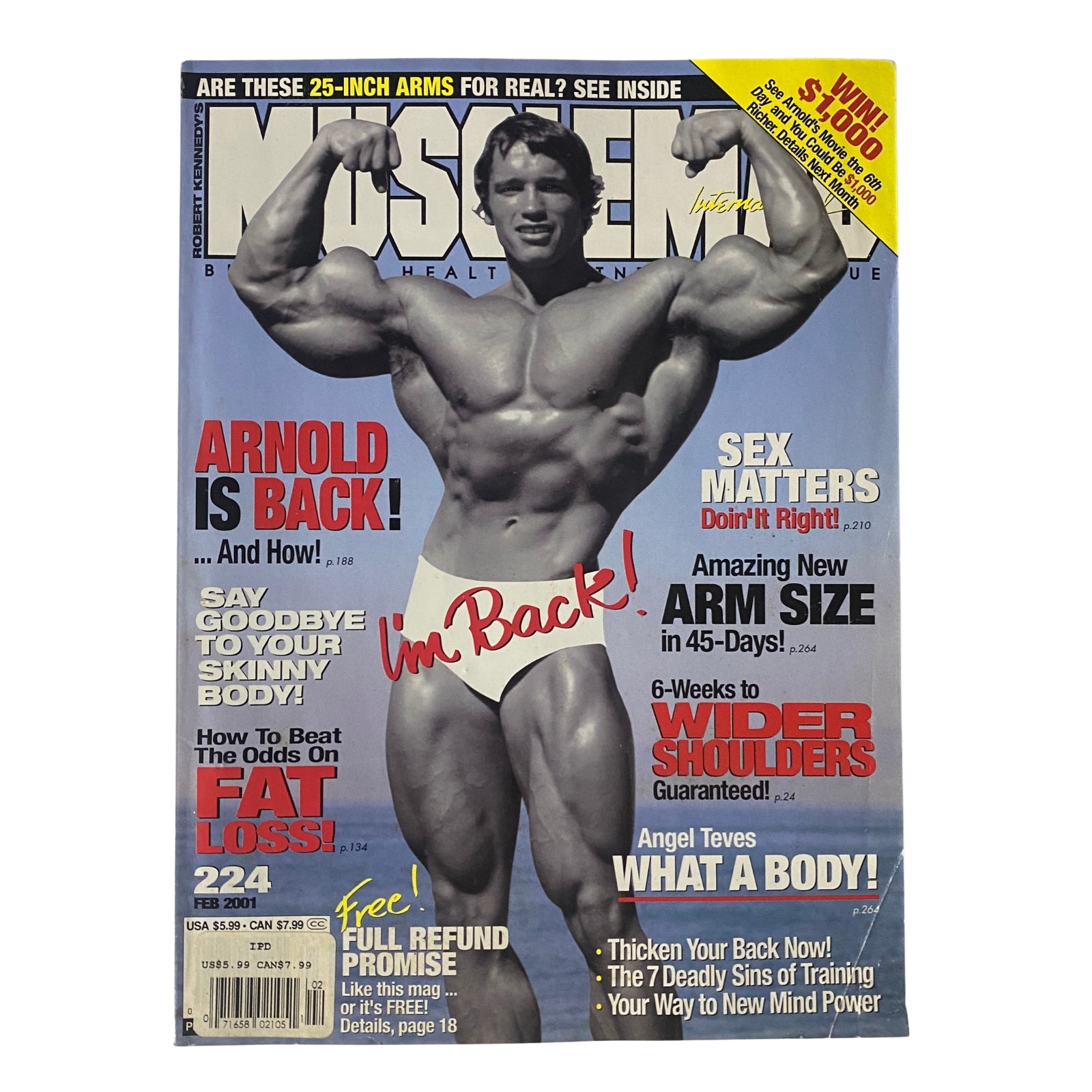 Cover image of MuscleMag International Magazine February 2001 featuring Arnold Schwarzenegger, highlighting bodybuilding and fitness topics.