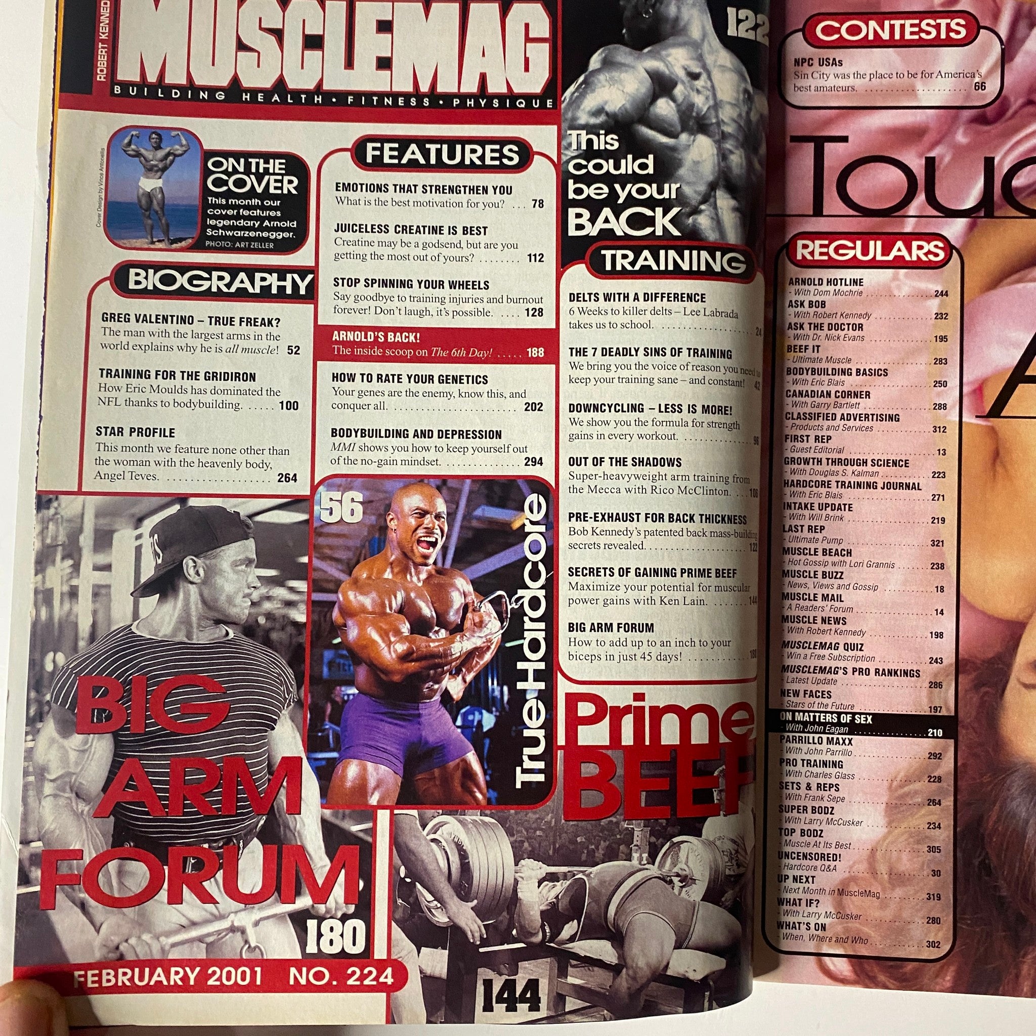 Inside spread of MuscleMag International Magazine February 2001, showcasing articles and features on bodybuilding training and nutrition.