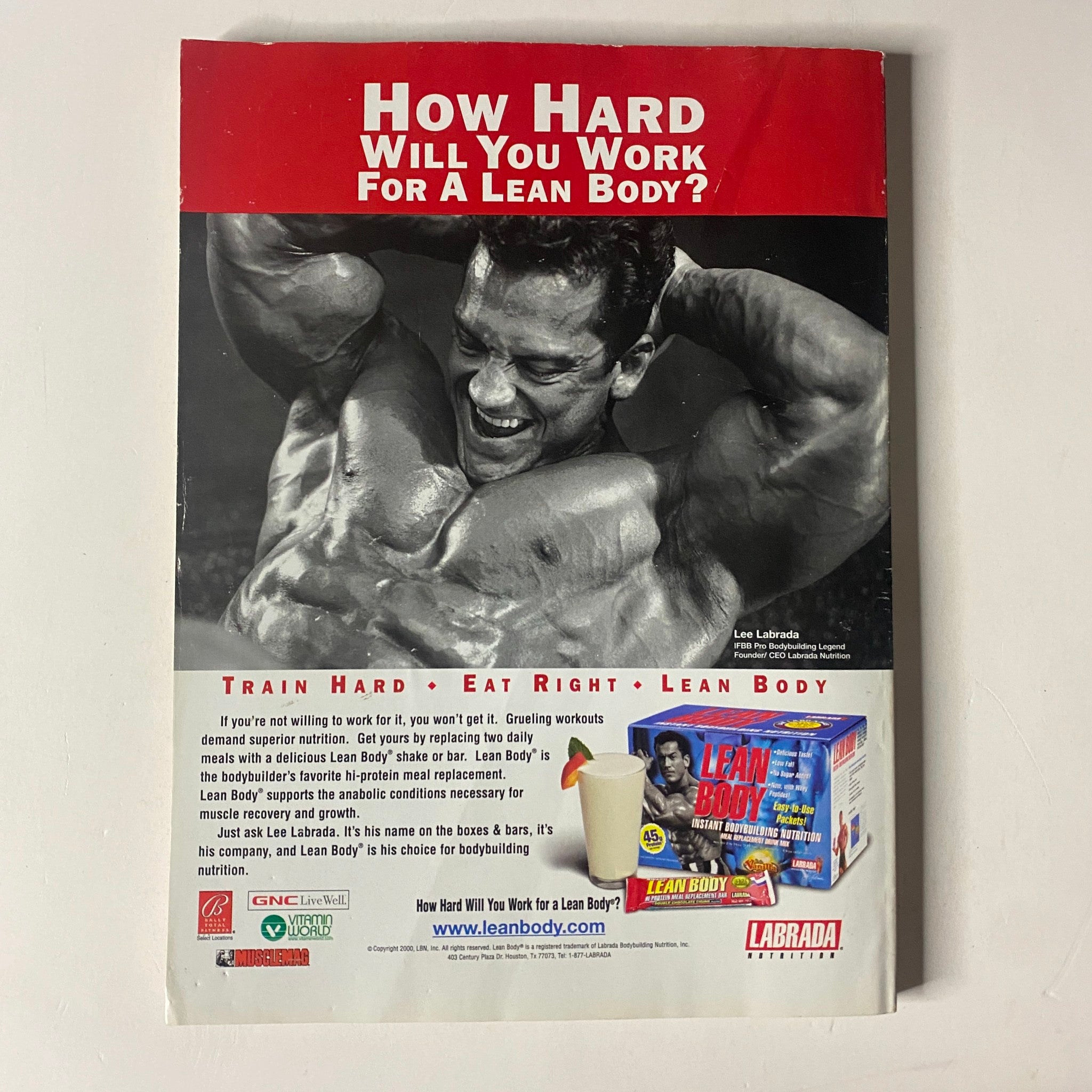 Back cover of MuscleMag International Magazine February 2001 promoting Lean Body products, emphasizing fitness and bodybuilding goals.