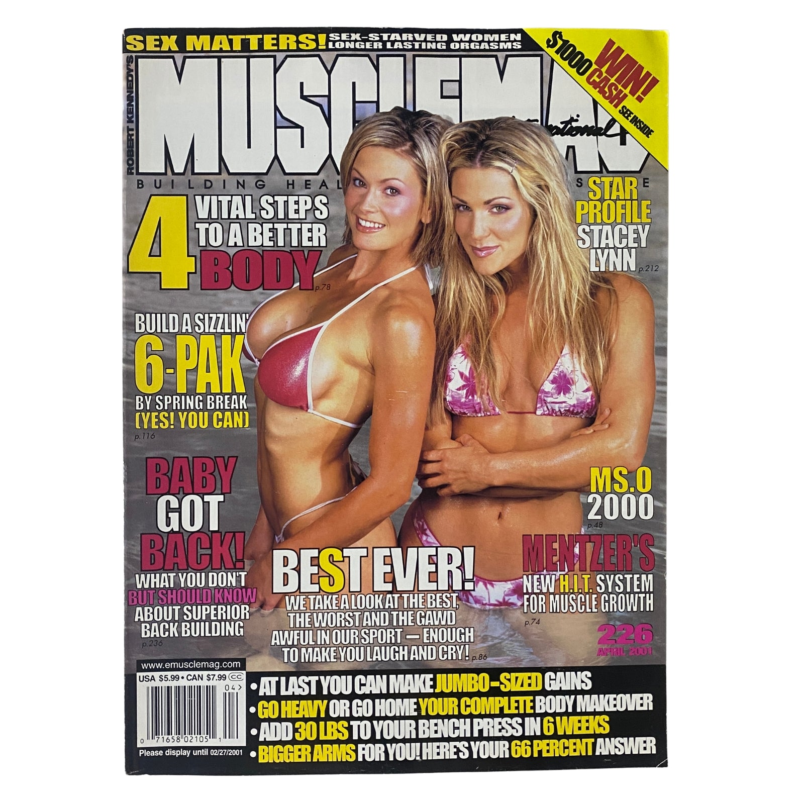 Cover of MuscleMag International Magazine, April 2001, Issue No. 226 featuring Rachel Moore and Mona Beaulieu, highlighting bodybuilding tips and fitness strategies.