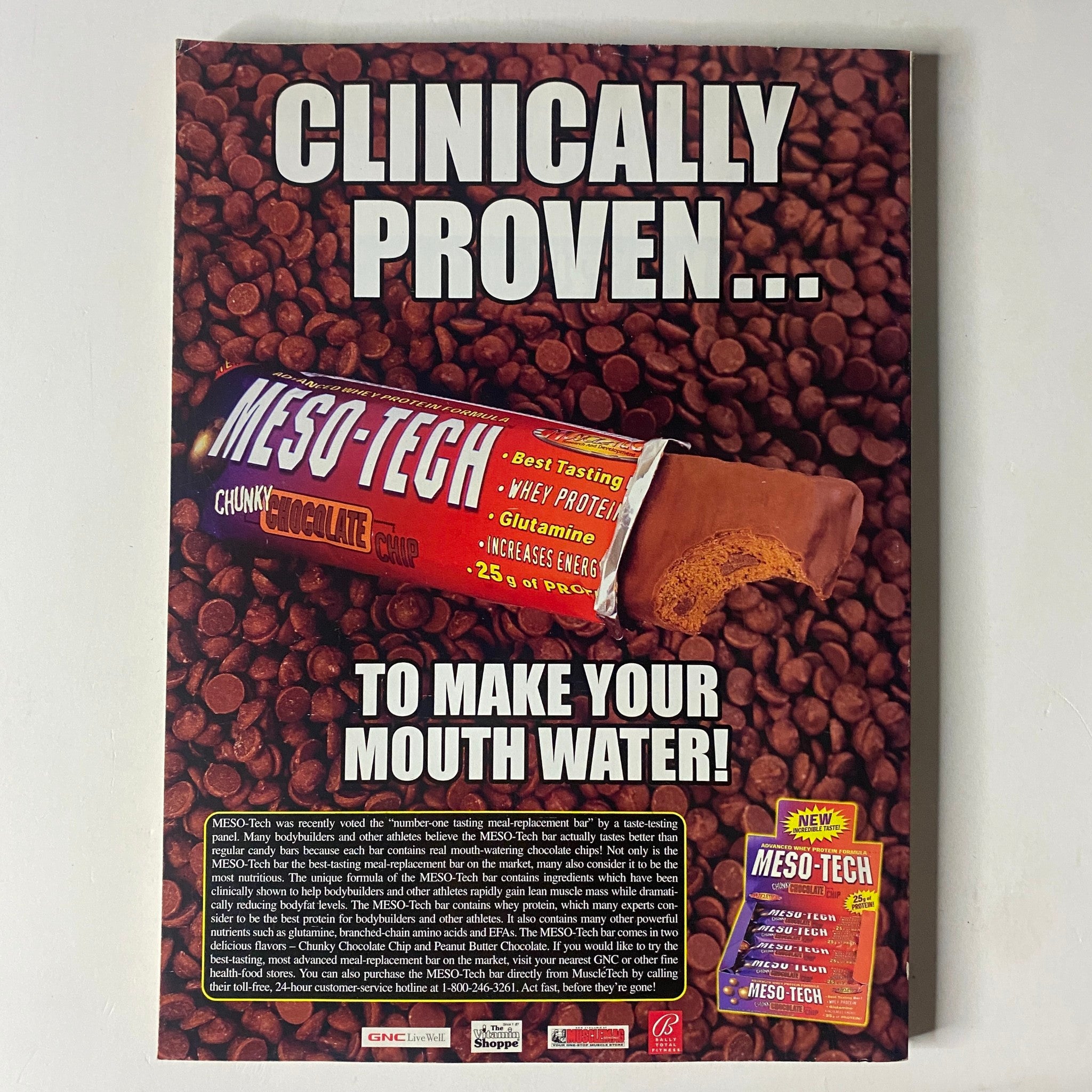Advertisement for Meso-Tech protein bar in MuscleMag International Magazine, April 2001, Issue No. 226, promoting health and nutrition for bodybuilding enthusiasts.