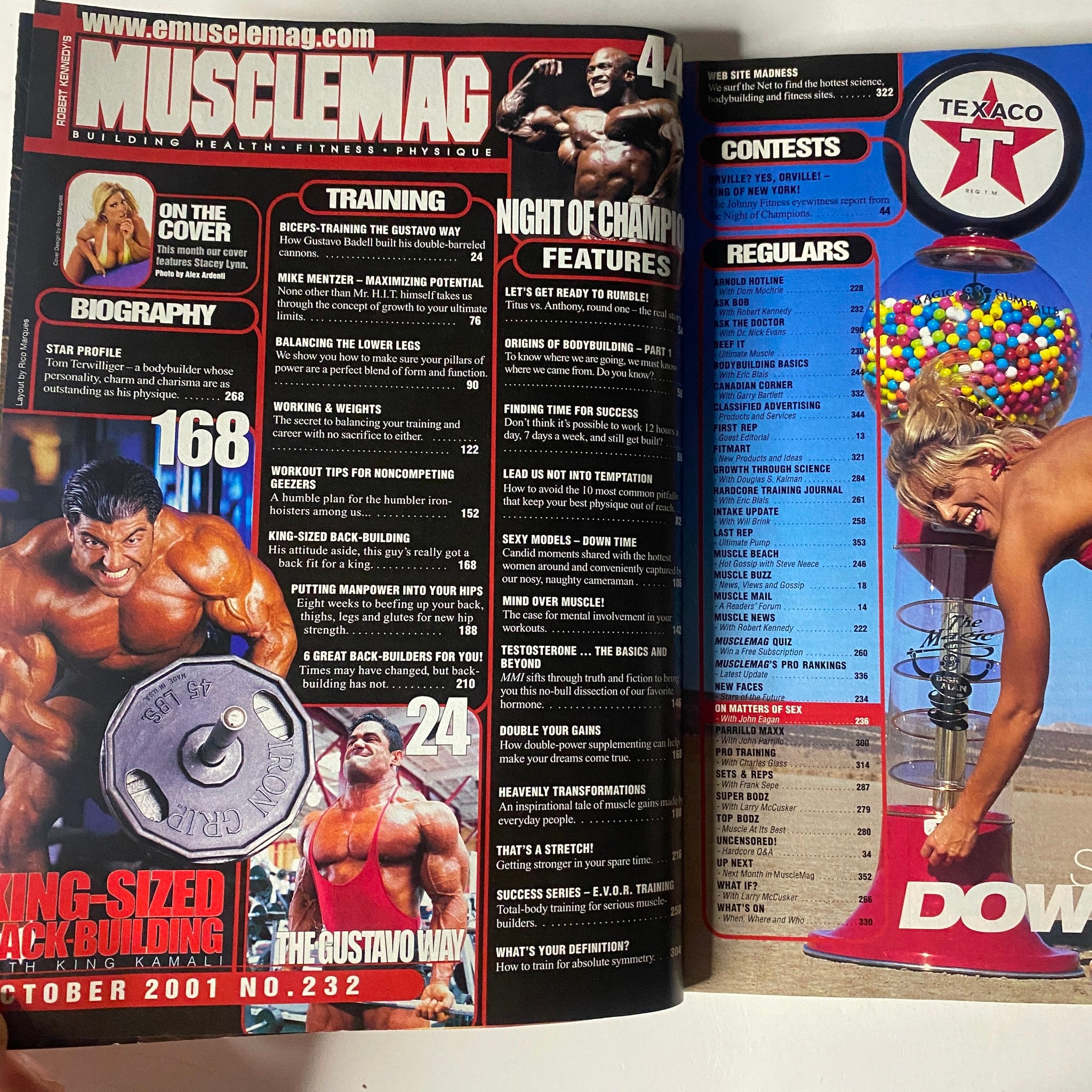 Inside spread of MuscleMag International Magazine October 2001, Issue No. 232, highlighting training features and bodybuilding insights.